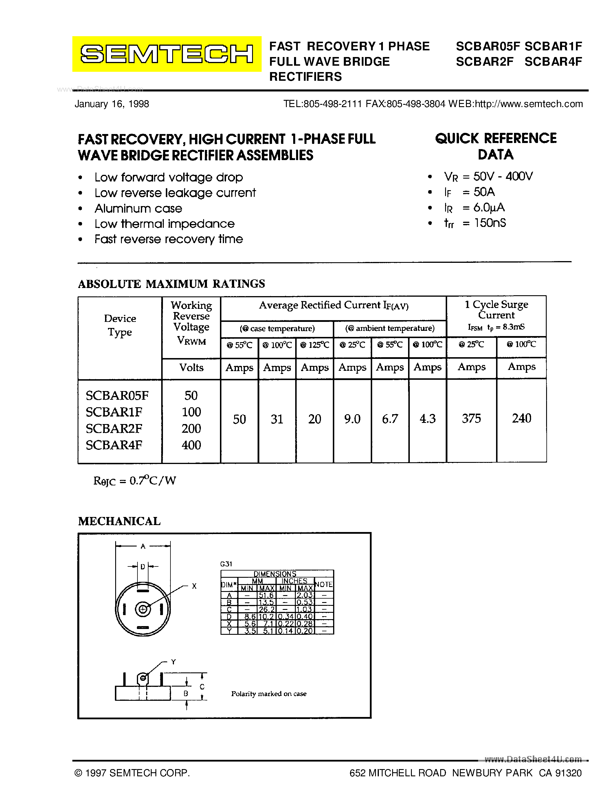 Datasheet SCBARxxF - STANDARD RECOVERY 1 PHASE FULL WAVE BRIDGE RECTIFIERS page 1