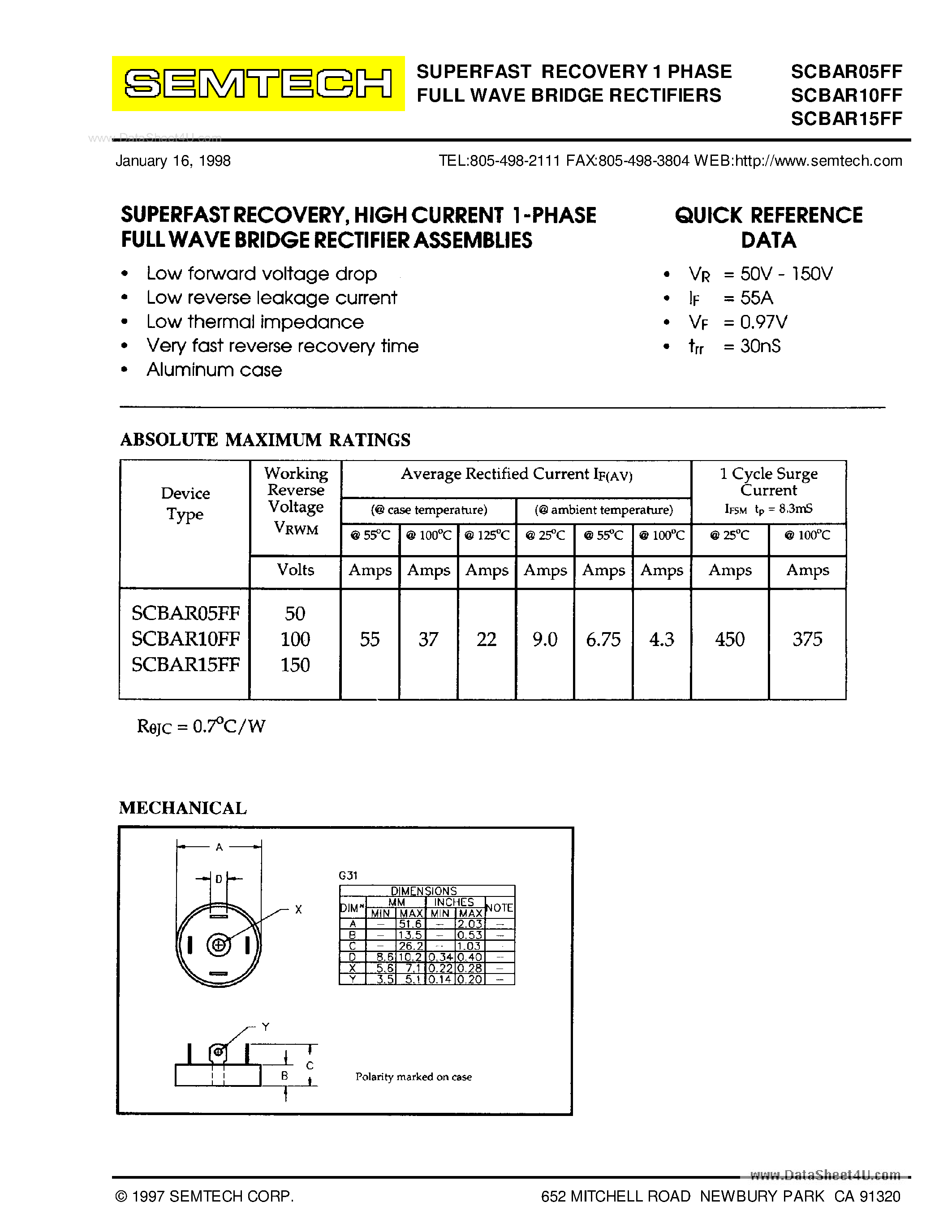 Datasheet SCBARxxFF - STANDARD RECOVERY 1 PHASE FULL WAVE BRIDGE RECTIFIERS page 1