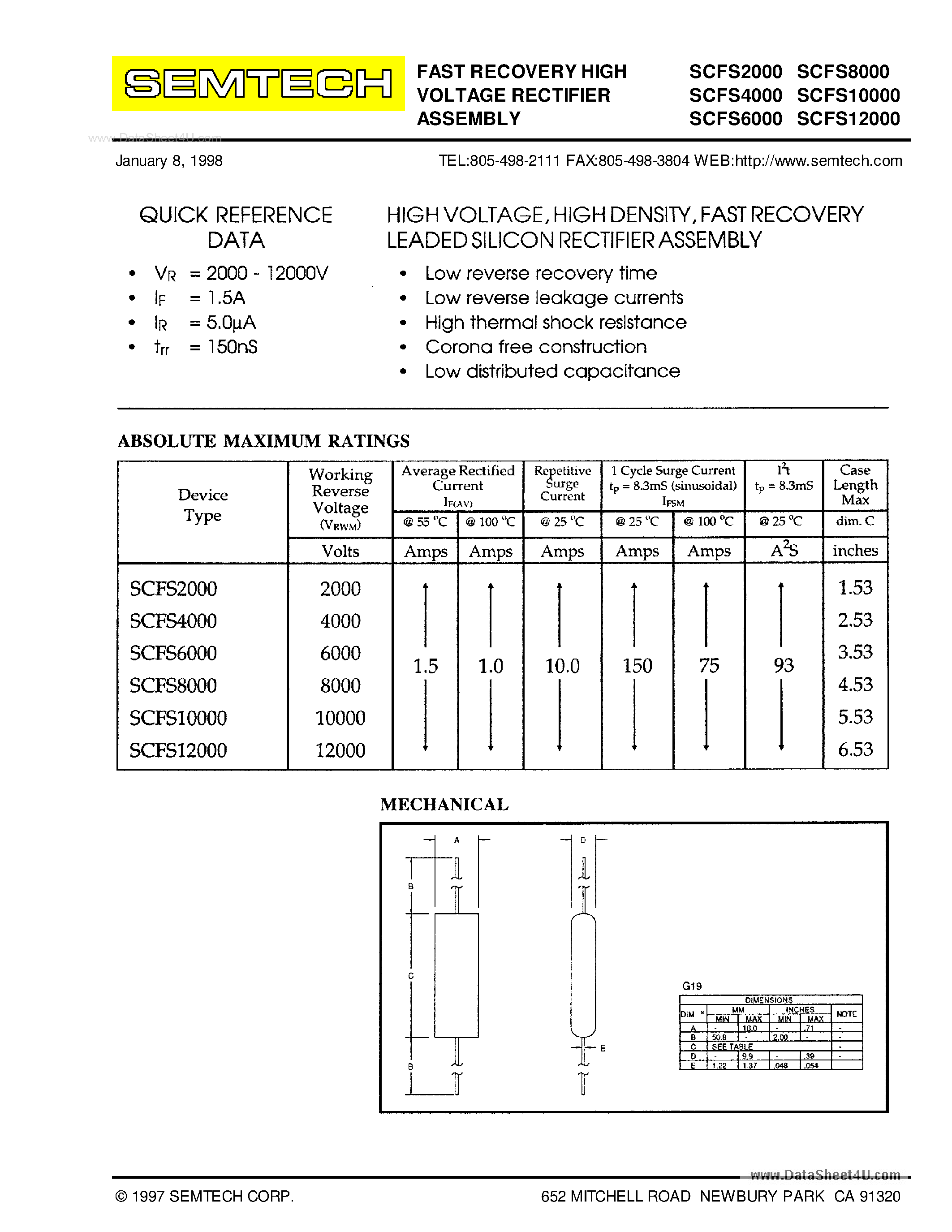 Datasheet SCFSx000 - FAST RECOVERY HIGH VOLTAGE RECTIFIER ASSEMBLY page 1