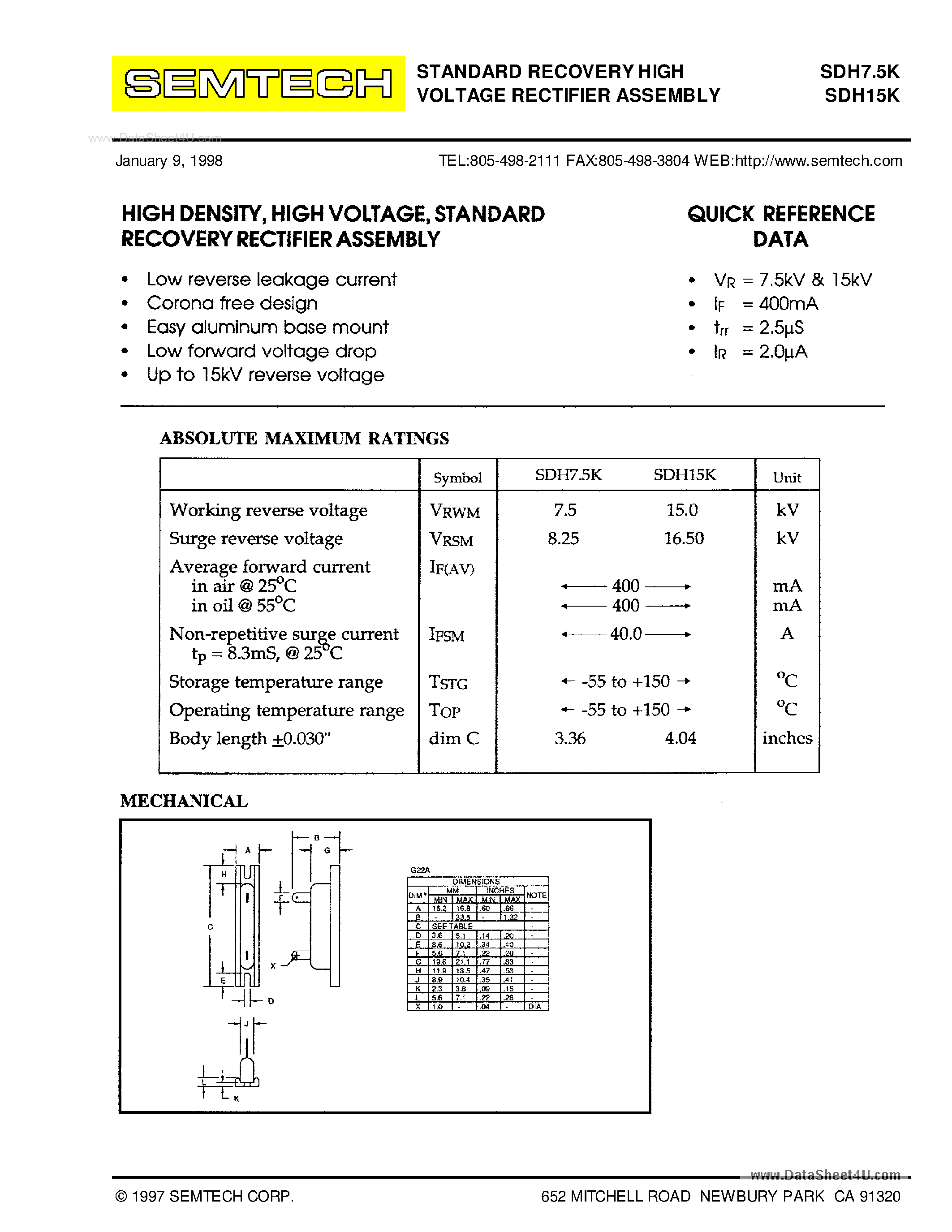 Даташит на микросхему SDH15K страница 1 Даташит SDH15K - (SDH7.5K / SDH15K) STANDARD RECOVERY HIGH VOLTAGE RECTIFIER ASSEMBLY страница 1