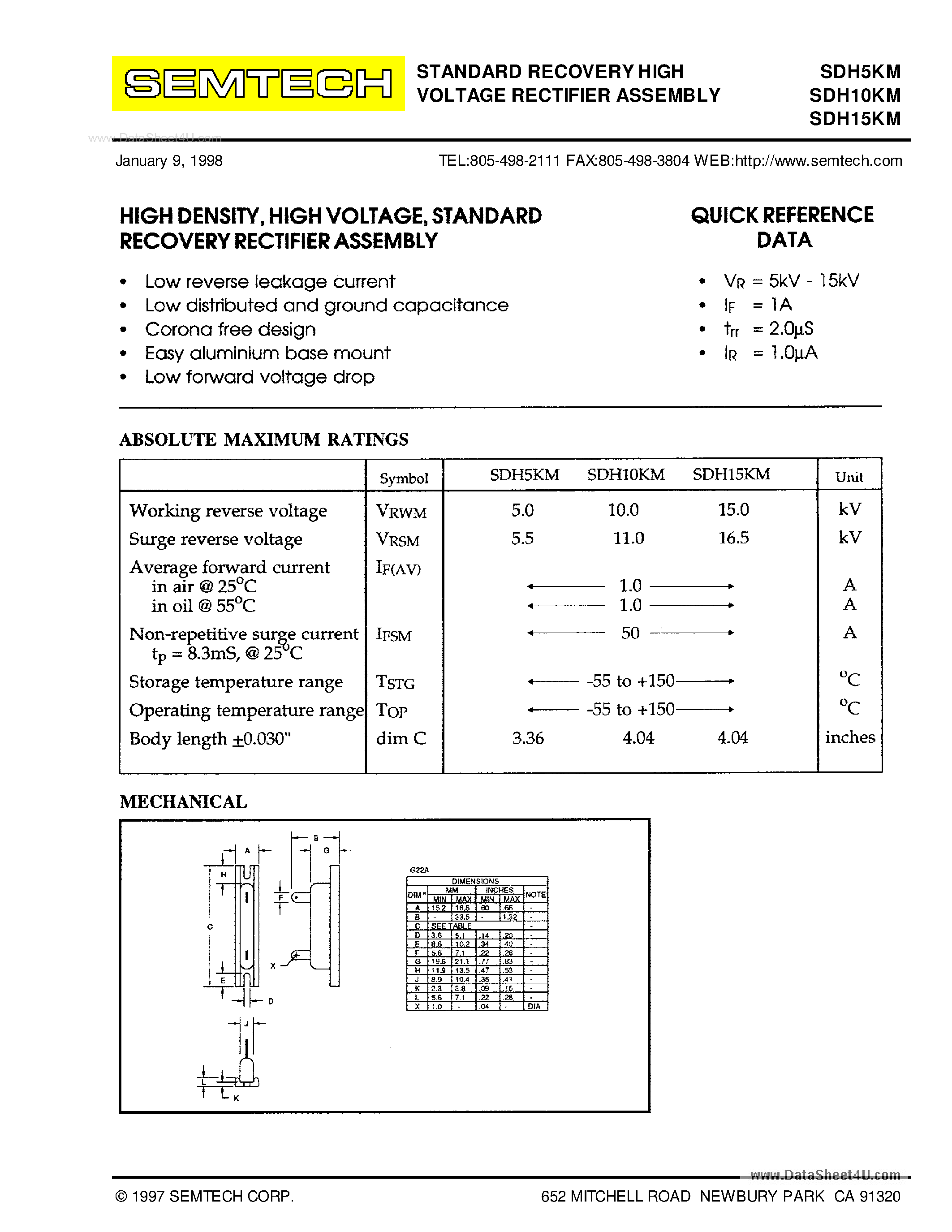 Даташит SDH10KM - (SDHxxKM) STANDARD RECOVERY HIGH VOLTAGE RECTIFIER ASSEMBLY страница 1