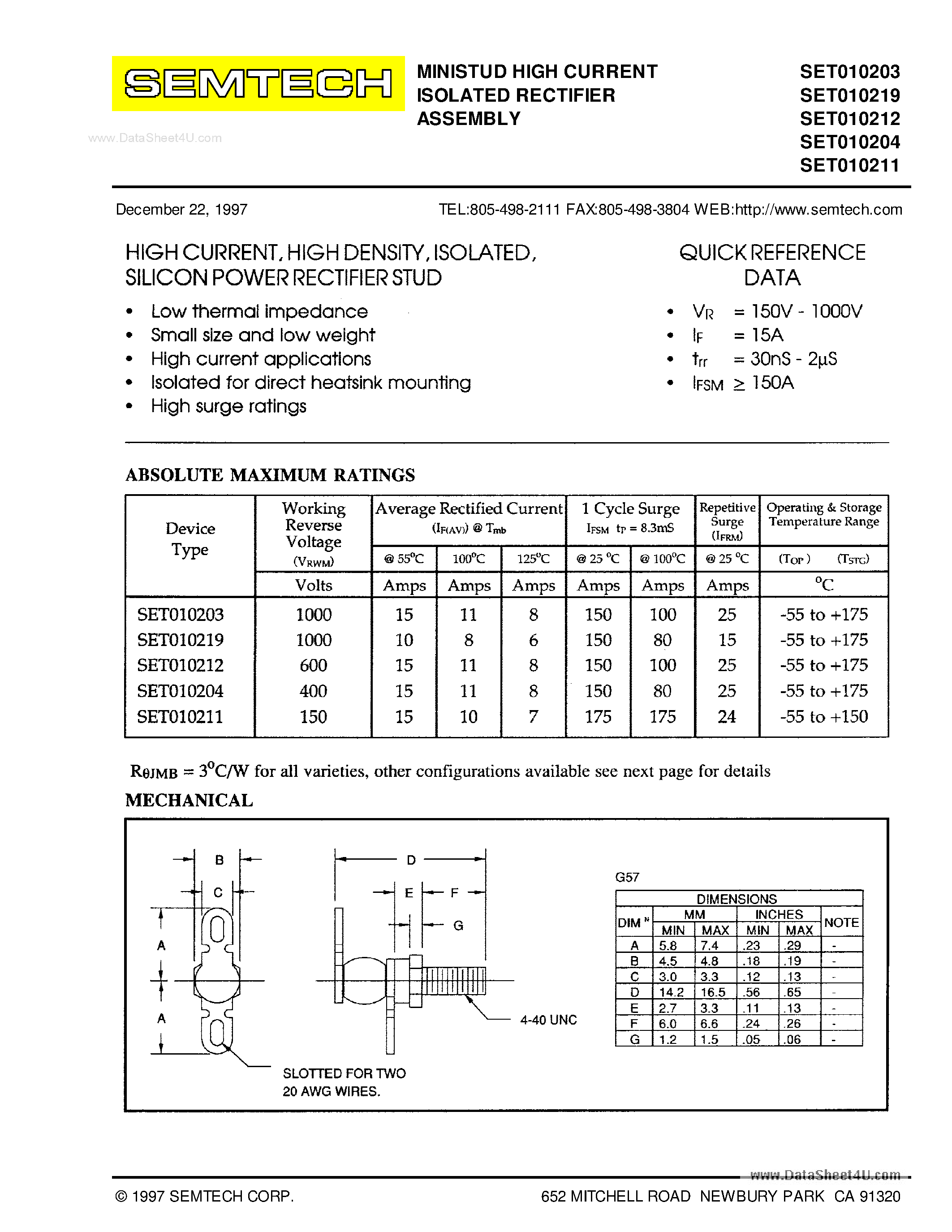 Datasheet SET010203 page 1 Datasheet SET010203 - (SET0102xx) MINISTUD HIGH CURRENT ISOLATED RECTIFIER ASSEMBLY page 1