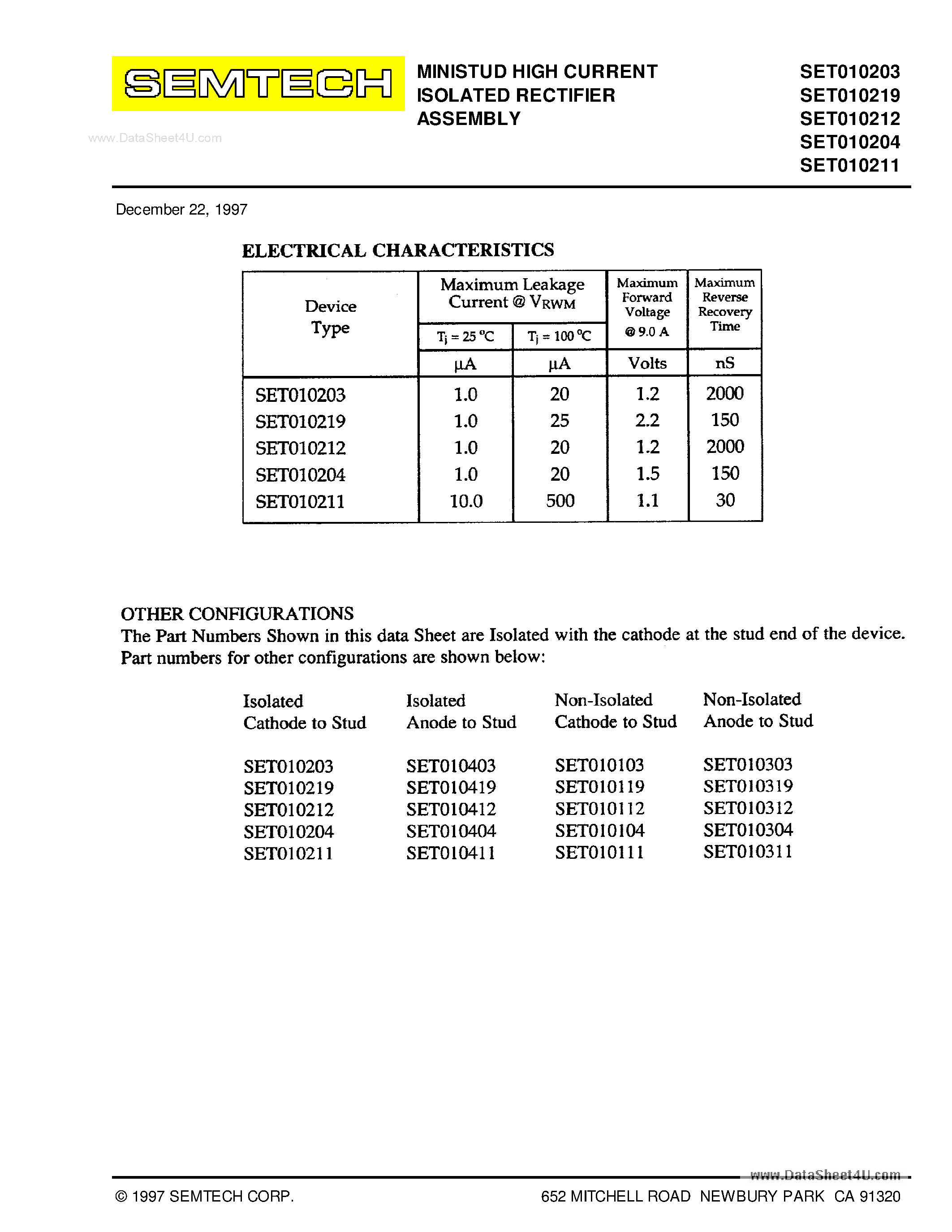 Datasheet SET010203 page 2 Datasheet SET010203 - (SET0102xx) MINISTUD HIGH CURRENT ISOLATED RECTIFIER ASSEMBLY page 2