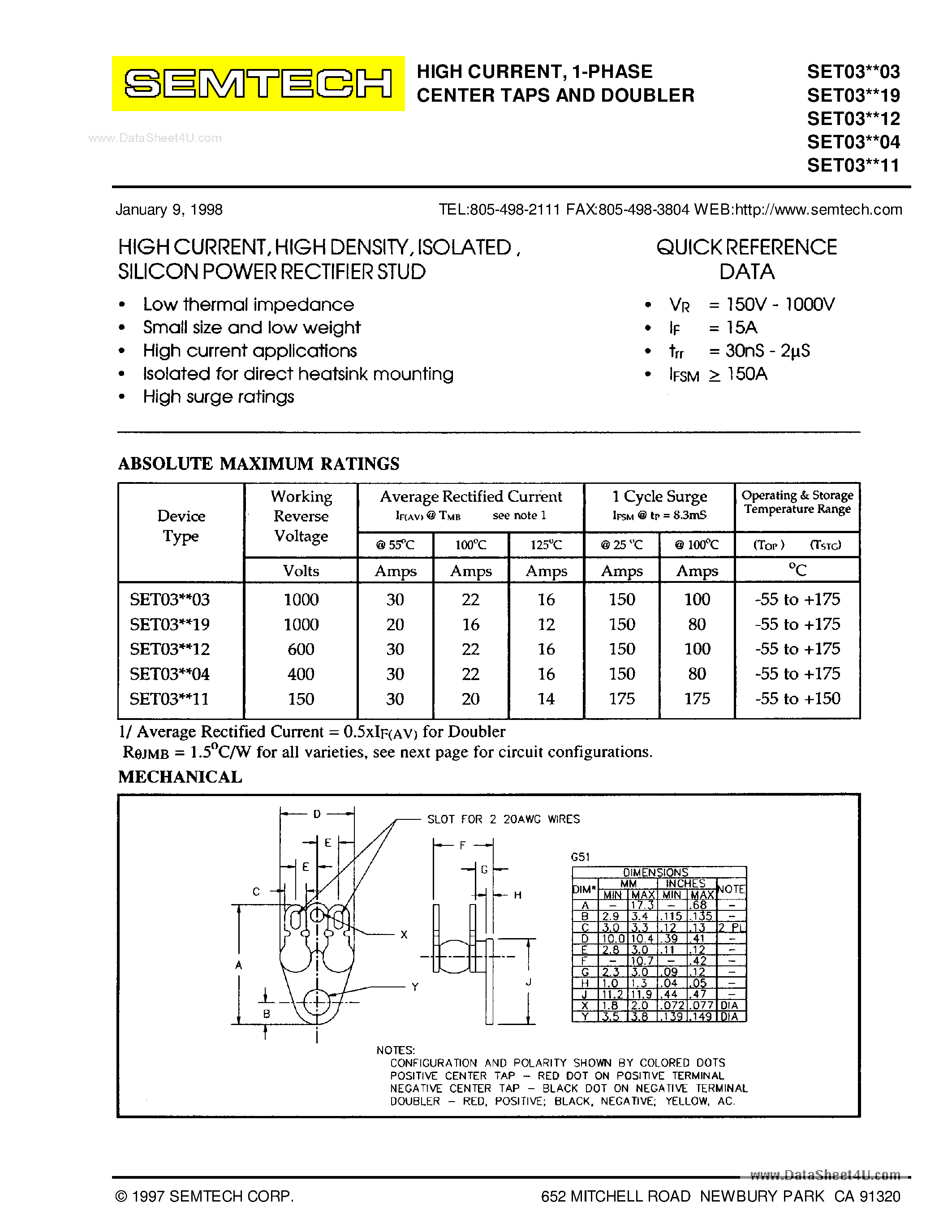 Datasheet SET030603 page 1 Datasheet SET030603 - (SET03xxxx) DO4 STUD HIGH CURRENT ISOLATED RECTIFIER ASSEMBLY page 1