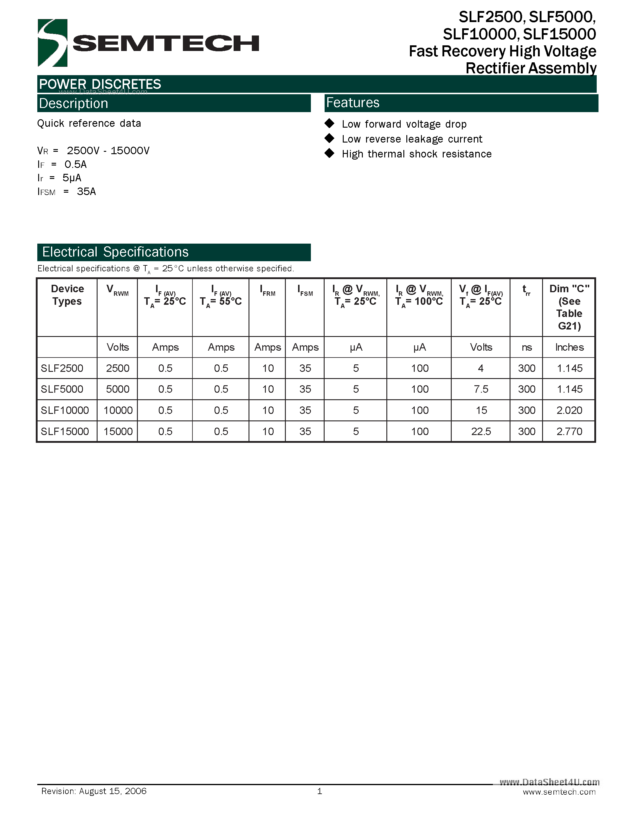 Datasheet SLF10000 page 1 Datasheet SLF10000 - (SLFxx000) Fast Recovery High Voltage Rectifier Assembly page 1