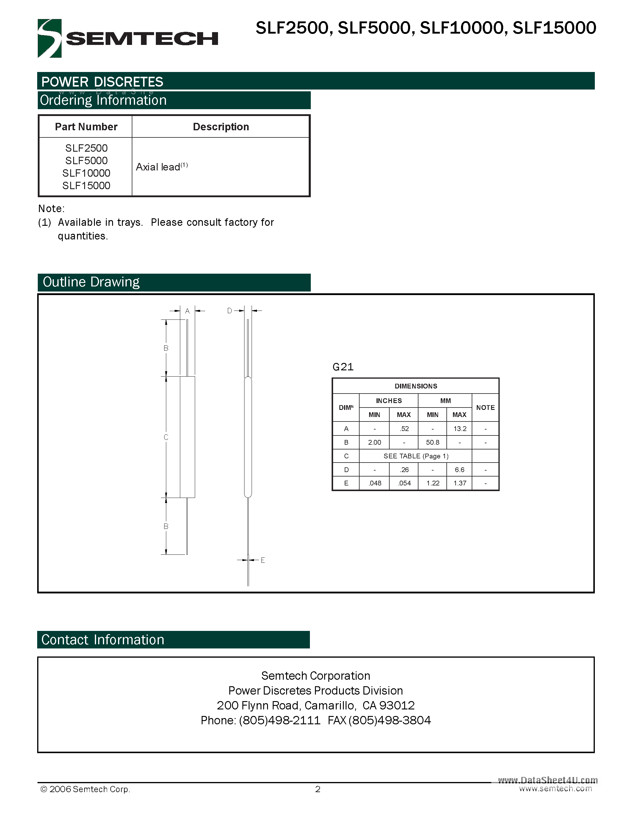 Datasheet SLF10000 page 2 Datasheet SLF10000 - (SLFxx000) Fast Recovery High Voltage Rectifier Assembly page 2