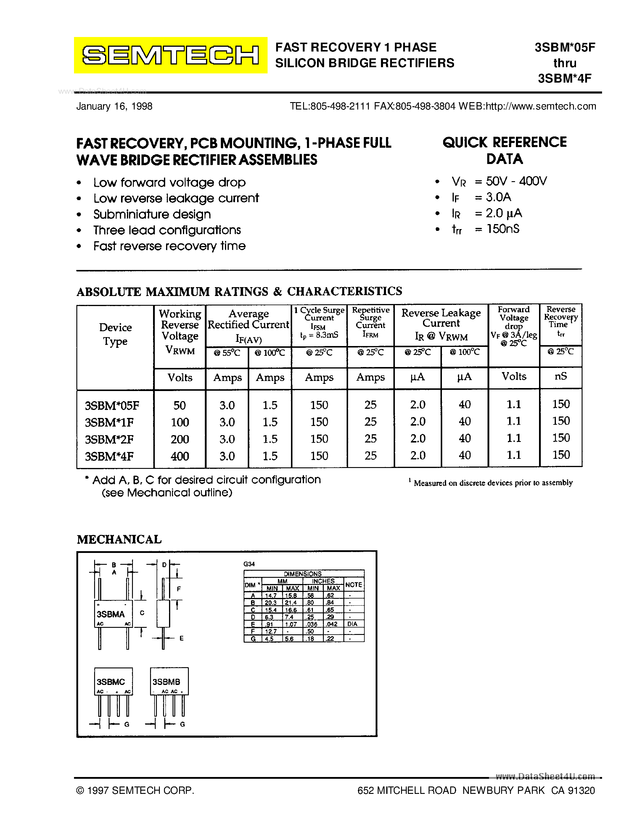 Datasheet 3SBMxxF page 1 Datasheet 3SBMxxF - Fast Recovery 1-Phase Silicon Bridge Rectifier page 1