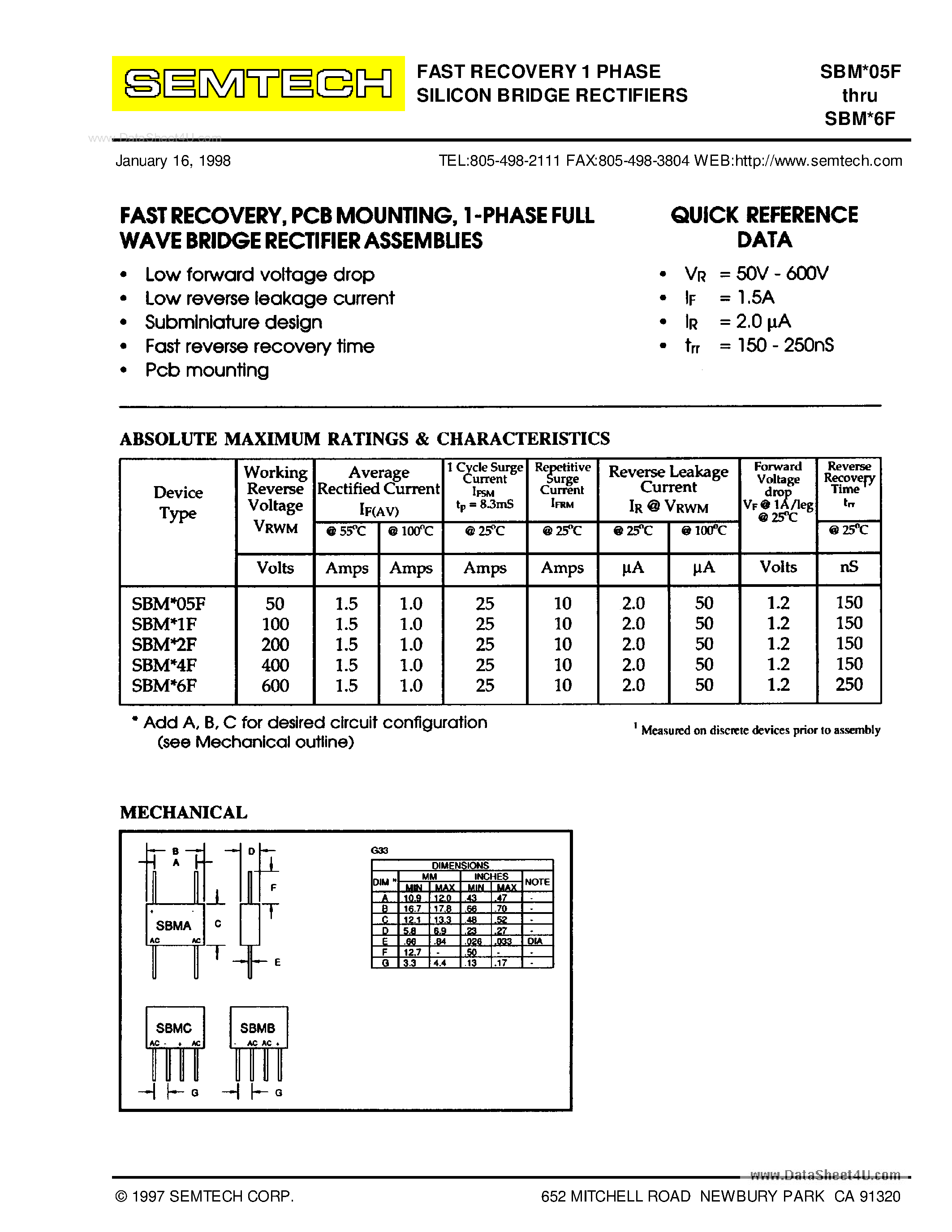 Datasheet SBMxxF - Fast Recovery 1-Phase Silicon Bridge Rectifier Assemby page 1