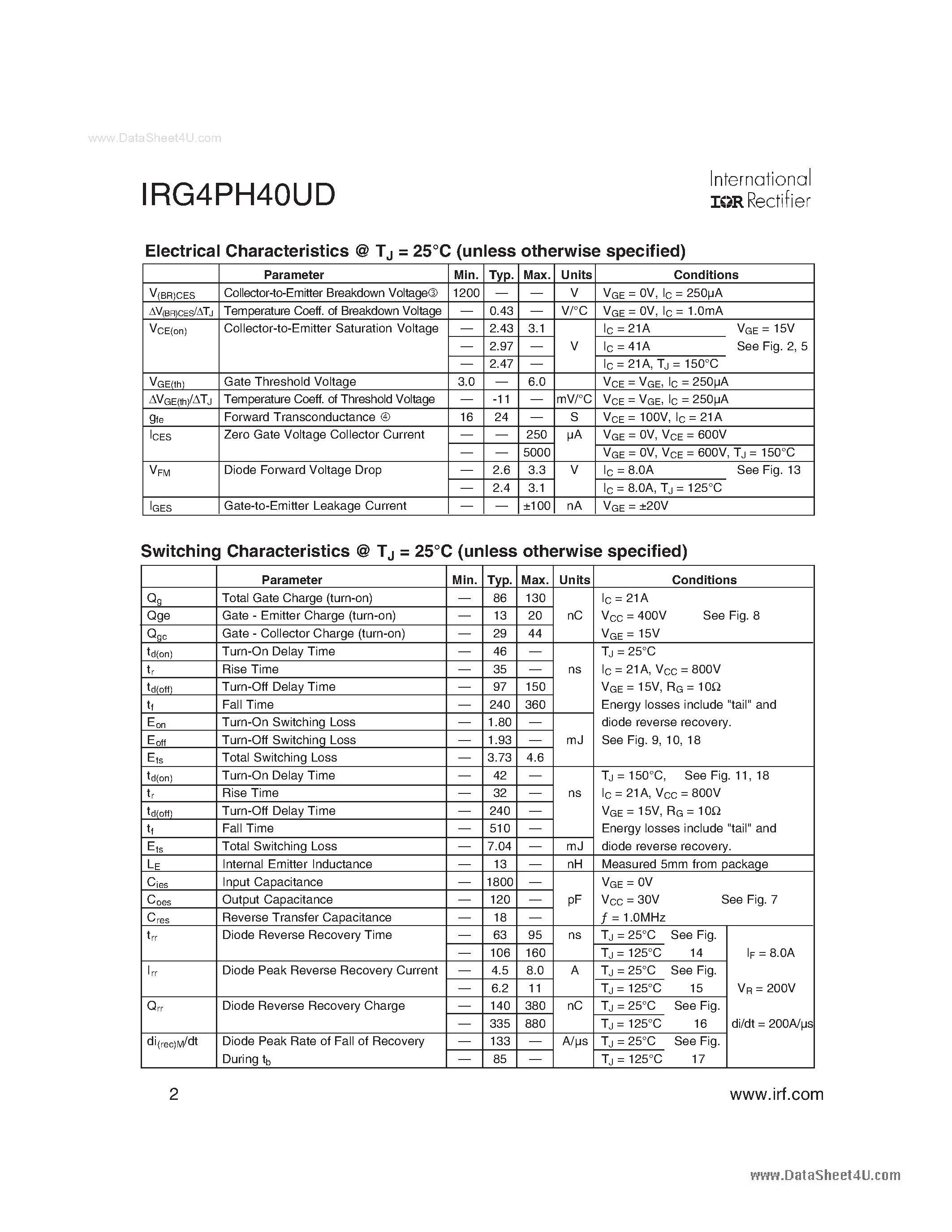 Даташит на микросхему G4PH40UD страница 2 Даташит G4PH40UD - Search -----> IRG4PH40UD страница 2