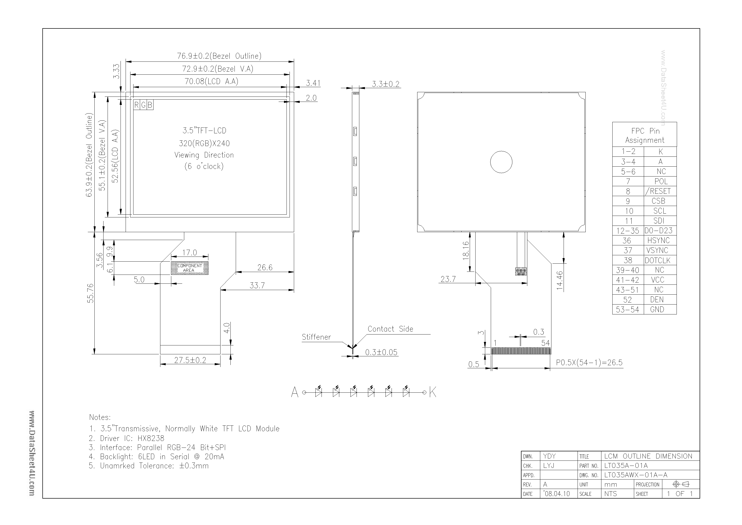 Datasheet LT035A-01A - TFT LCD Module page 1