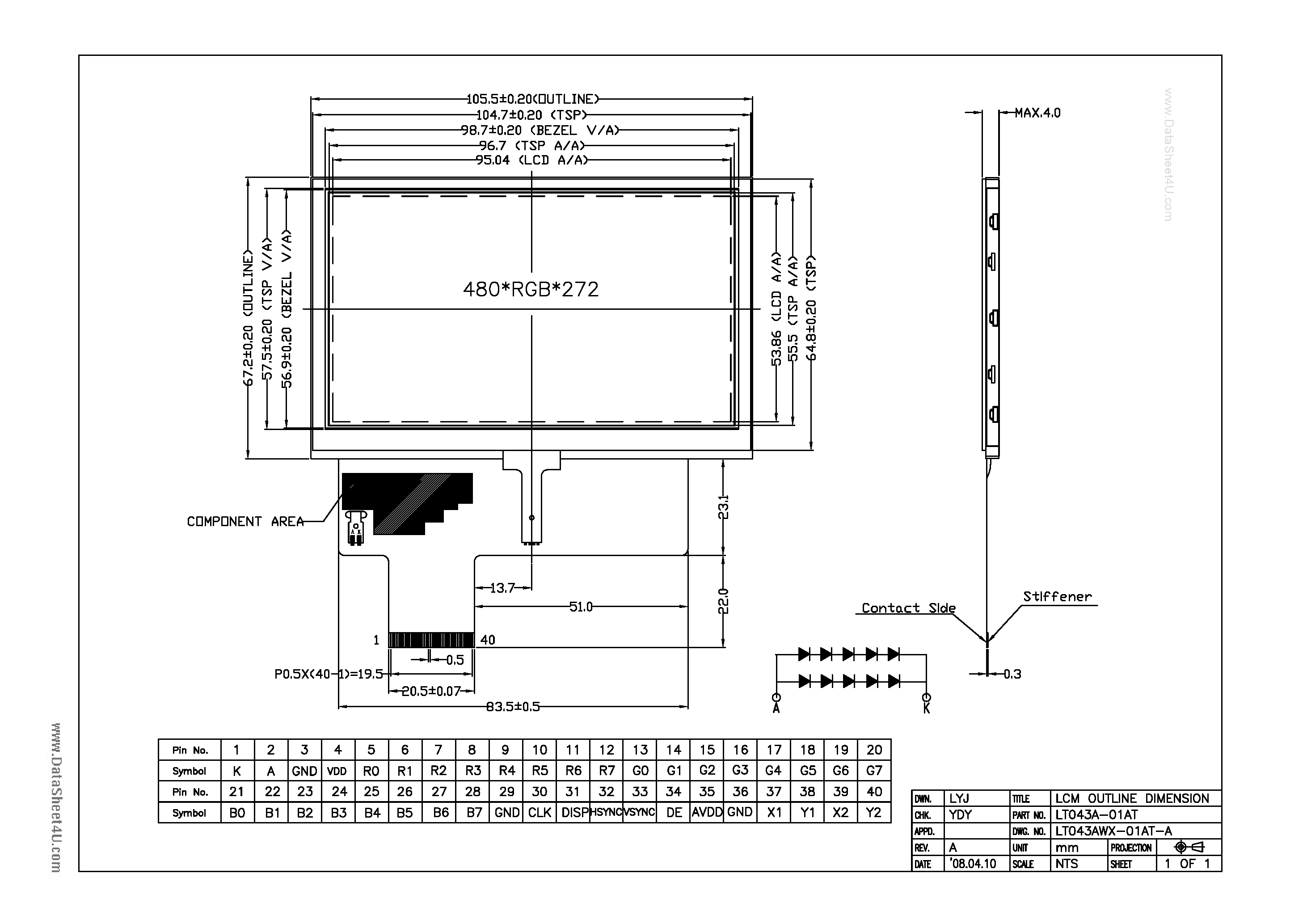 Datasheet LT043A-01AT - TFT LCD Module page 1