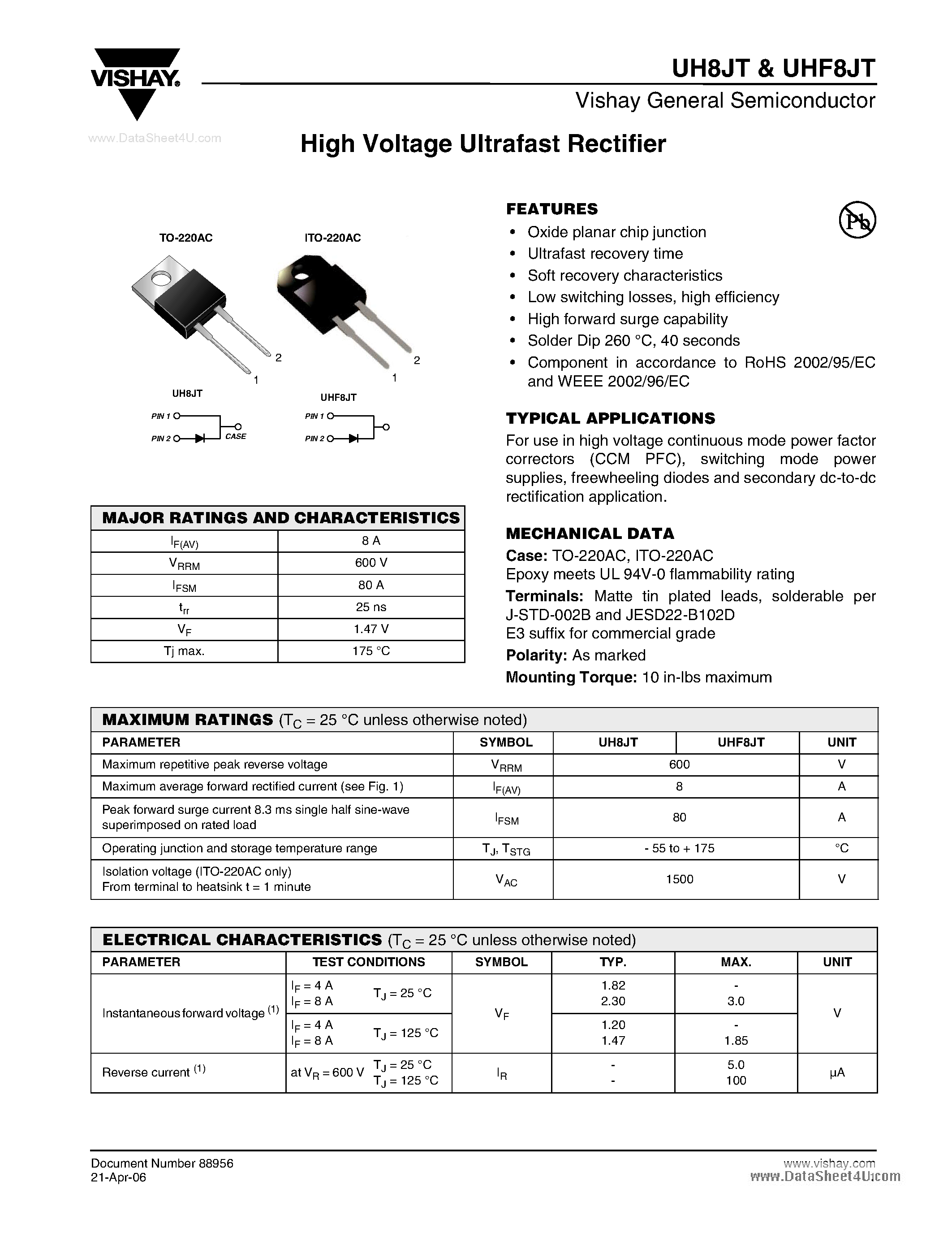 Datasheet UH8JT - High Voltage Ultrafast Rectifier page 1