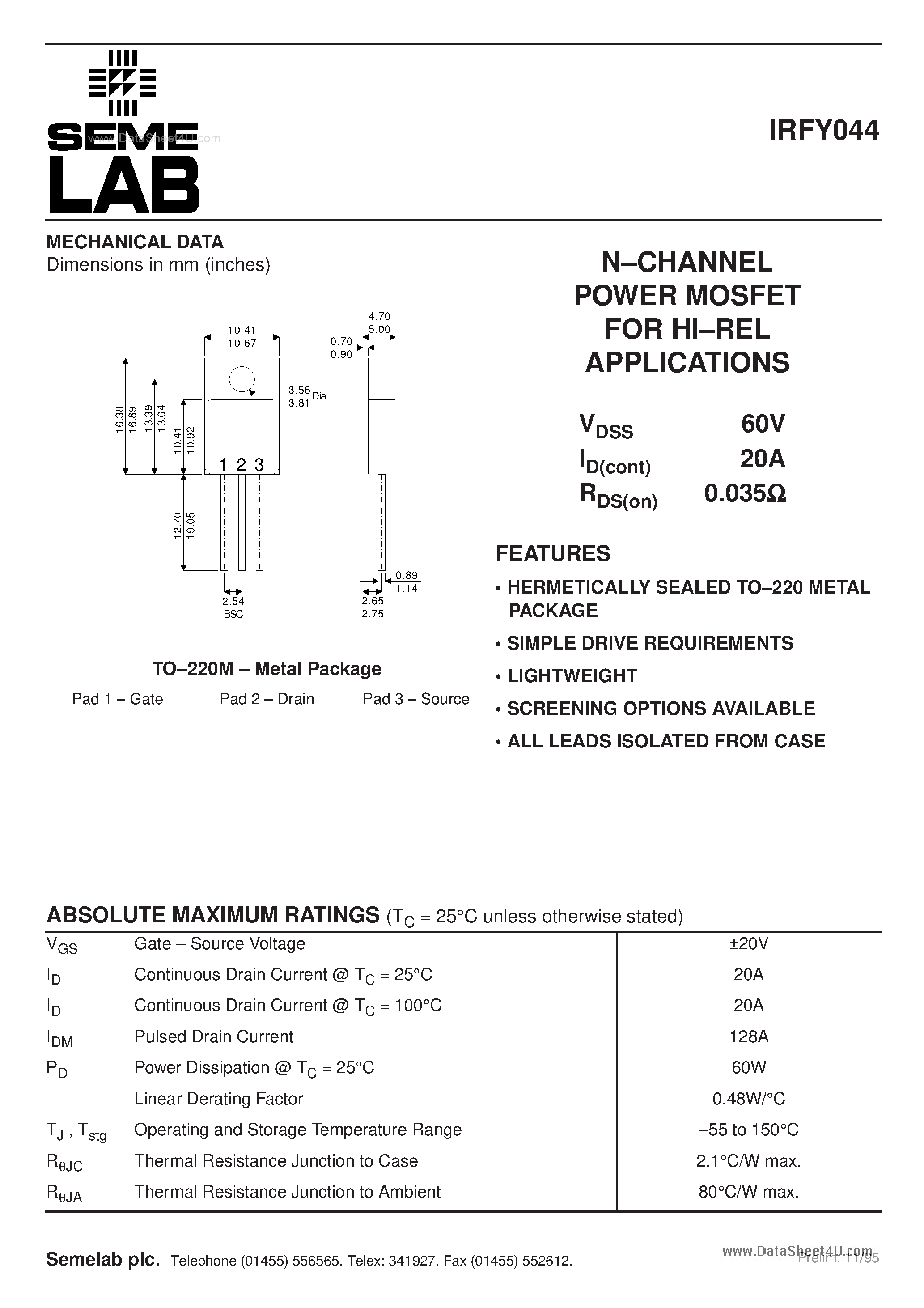 Datasheet IRFY044 - N-CHANNEL POWER MOSFET page 1