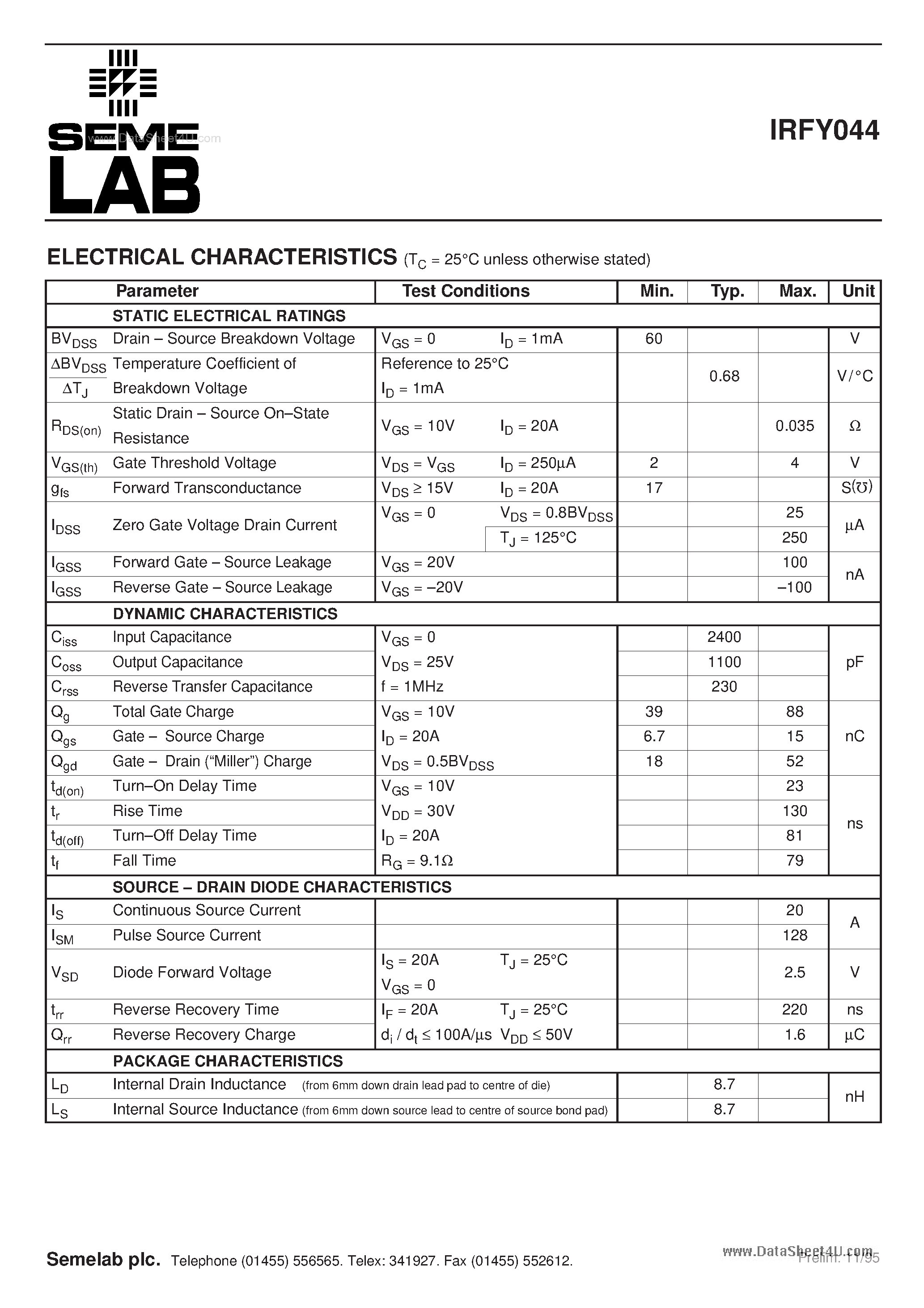 Datasheet IRFY044 - N-CHANNEL POWER MOSFET page 2