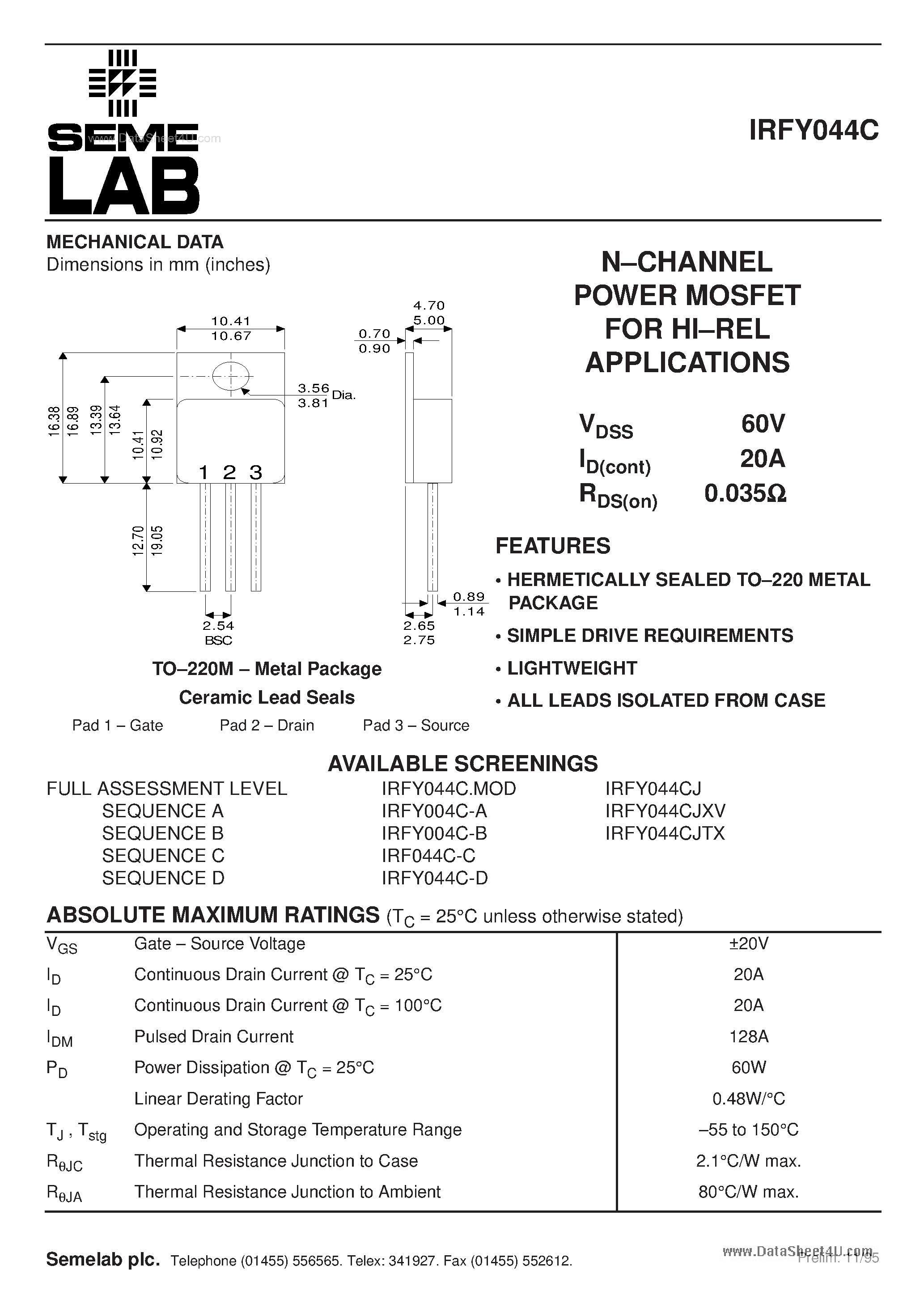 Datasheet IRFY044C - N-CHANNEL POWER MOSFET page 1