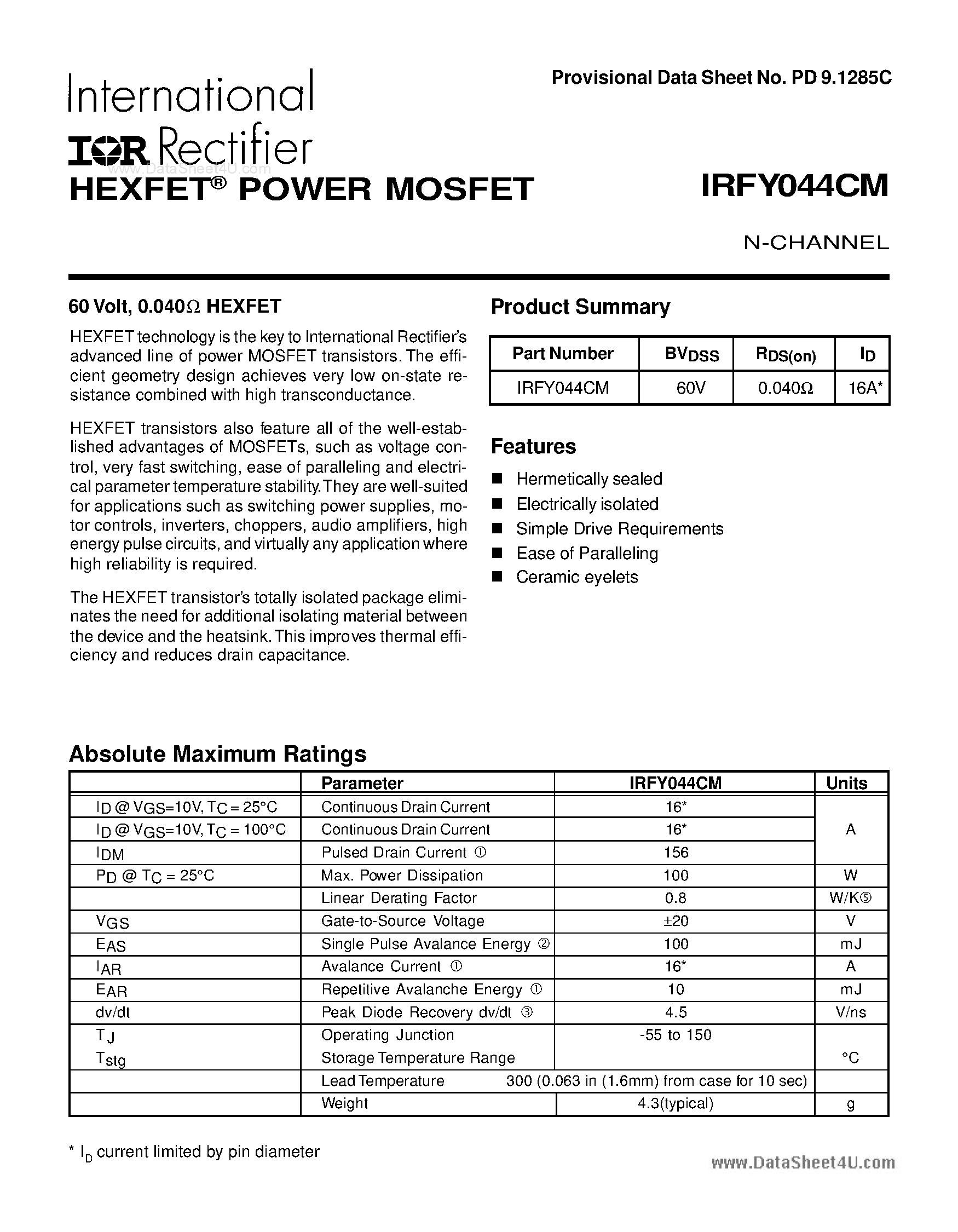 Datasheet IRFY044CM page 1 Datasheet IRFY044CM - POWER MOSFET N-CHANNE page 1