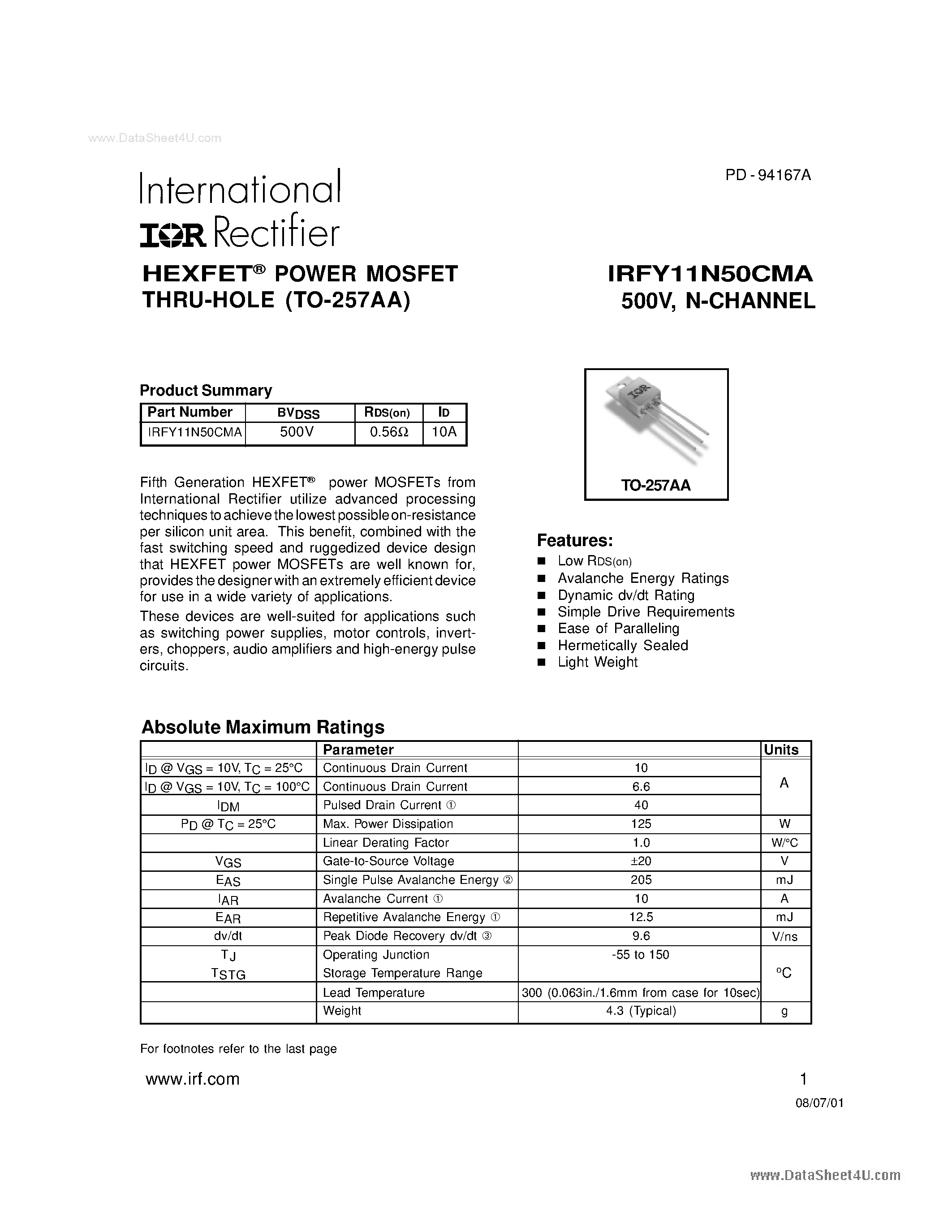Datasheet IRFY11N50CMA - HEXFET POWER MOSFET THRU-HOLE page 1
