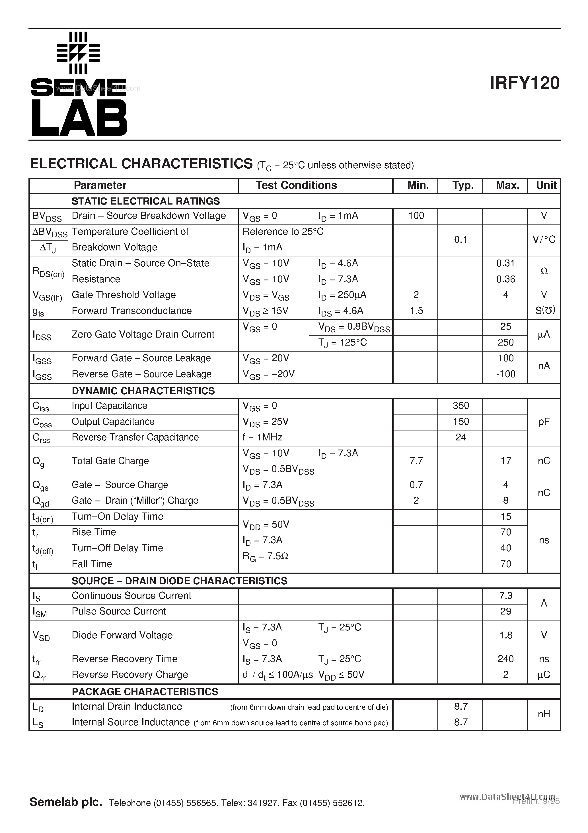 Datasheet IRFY120 - N-CHANNEL POWER MOSFET page 2