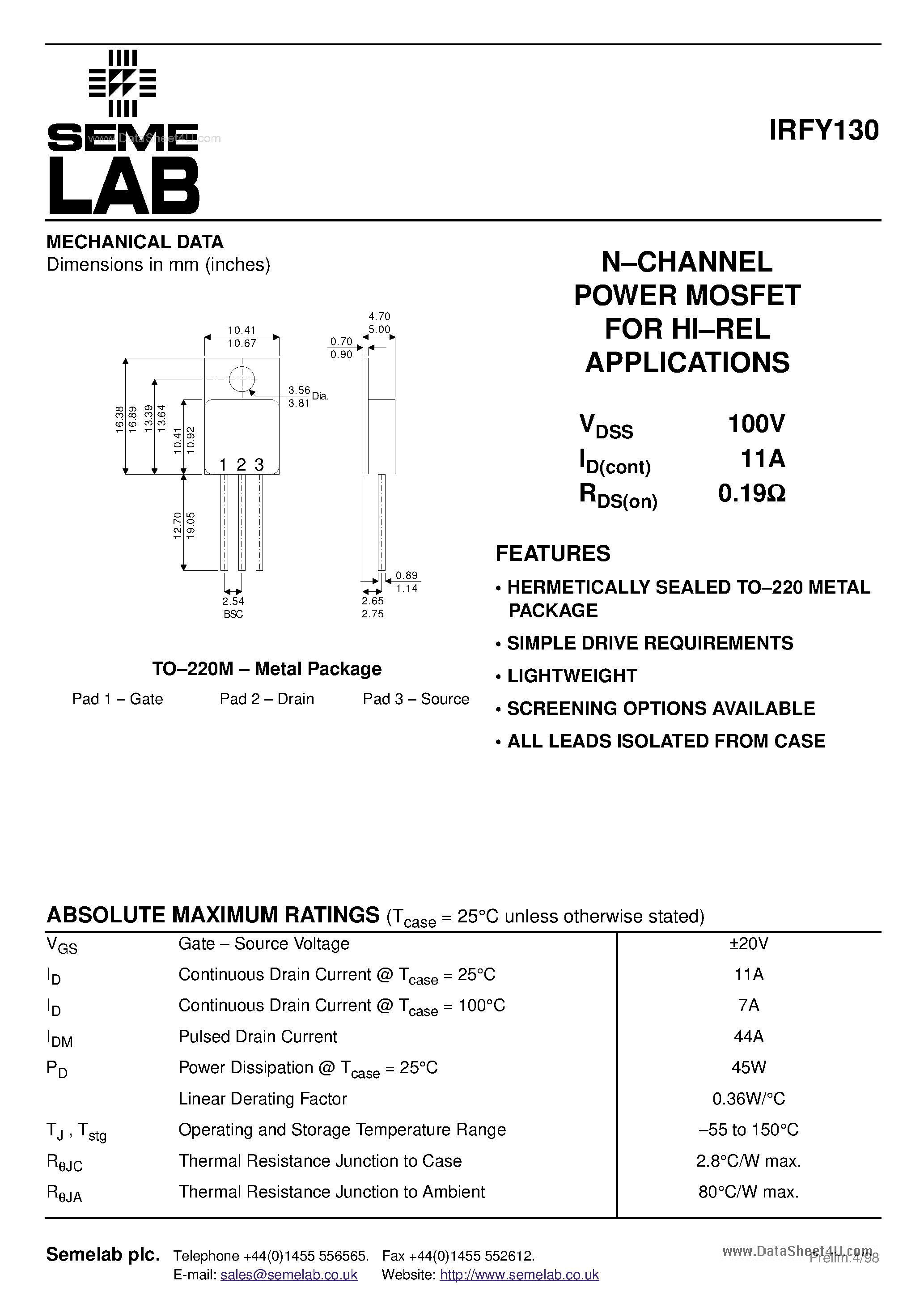 Datasheet IRFY130 - N-CHANNEL POWER MOSFET page 1