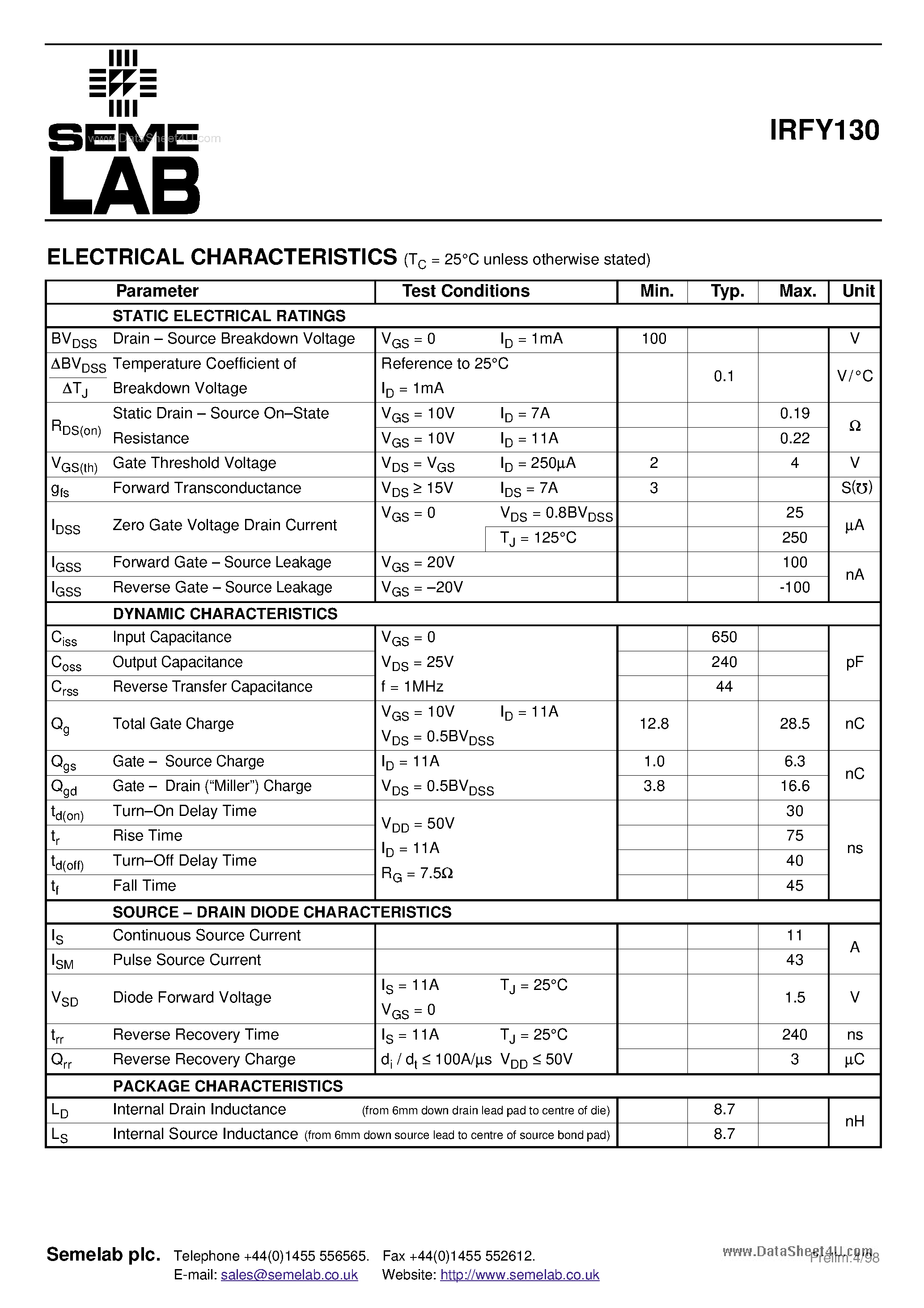 Datasheet IRFY130 - N-CHANNEL POWER MOSFET page 2