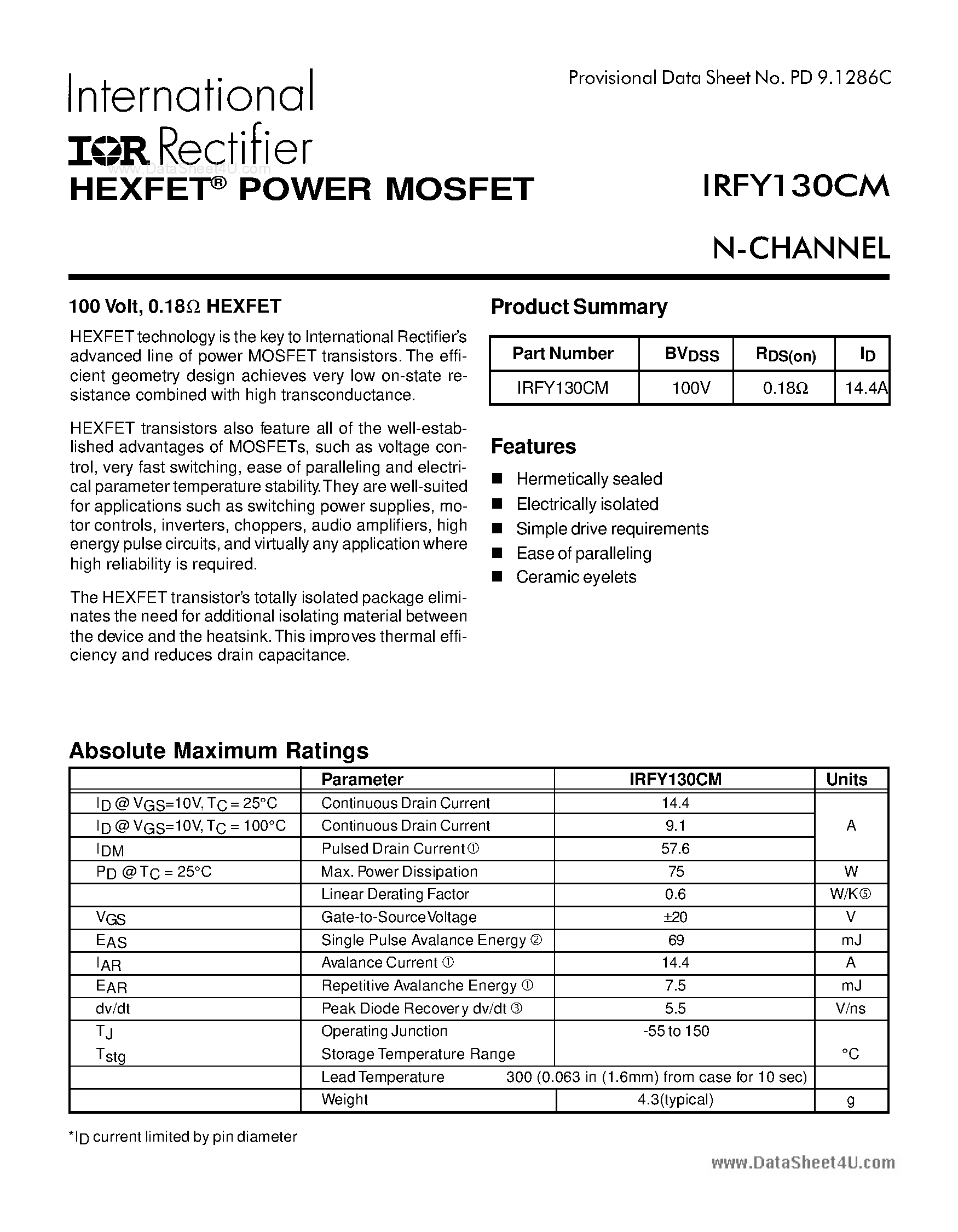 Datasheet IRFY130CM page 1 Datasheet IRFY130CM - POWER MOSFET N-CHANNE page 1