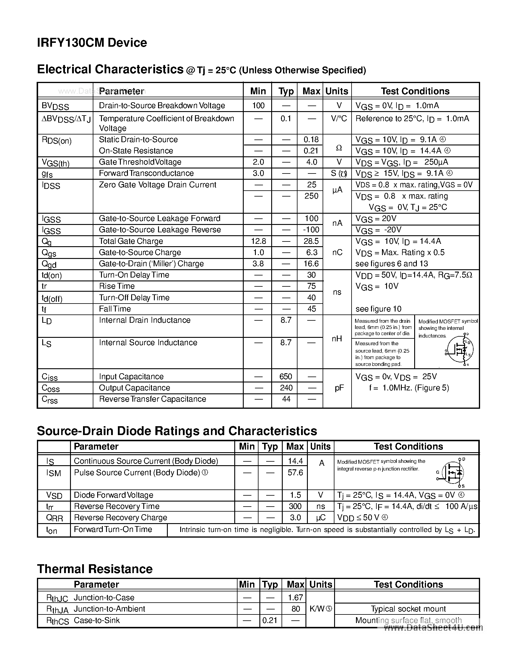 Datasheet IRFY130CM page 2 Datasheet IRFY130CM - POWER MOSFET N-CHANNE page 2