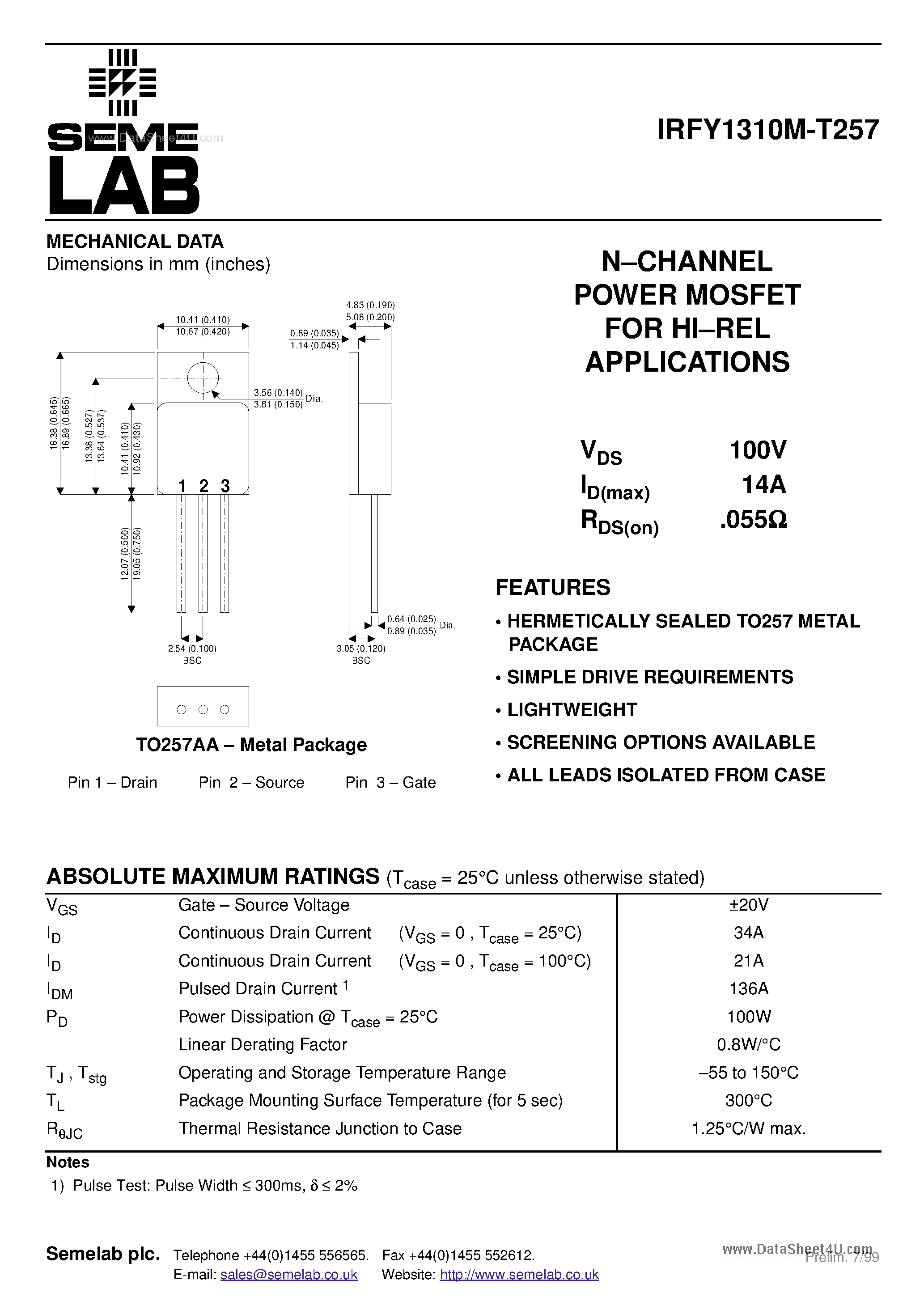 Datasheet IRFY1310M-T257 - N-CHANNEL POWER MOSFET page 1