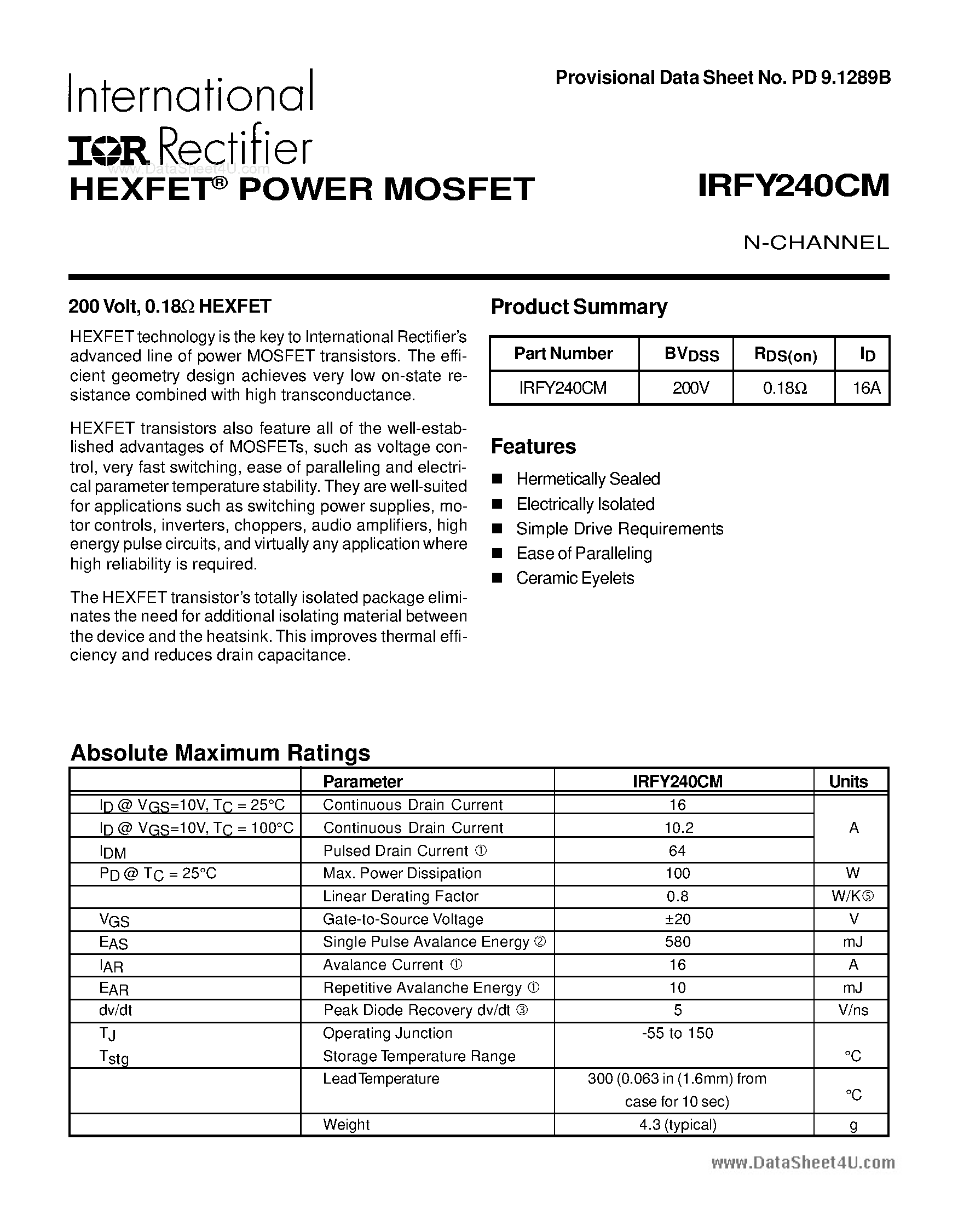 Datasheet IRFY240CM - POWER MOSFET N-CHANNEL page 1
