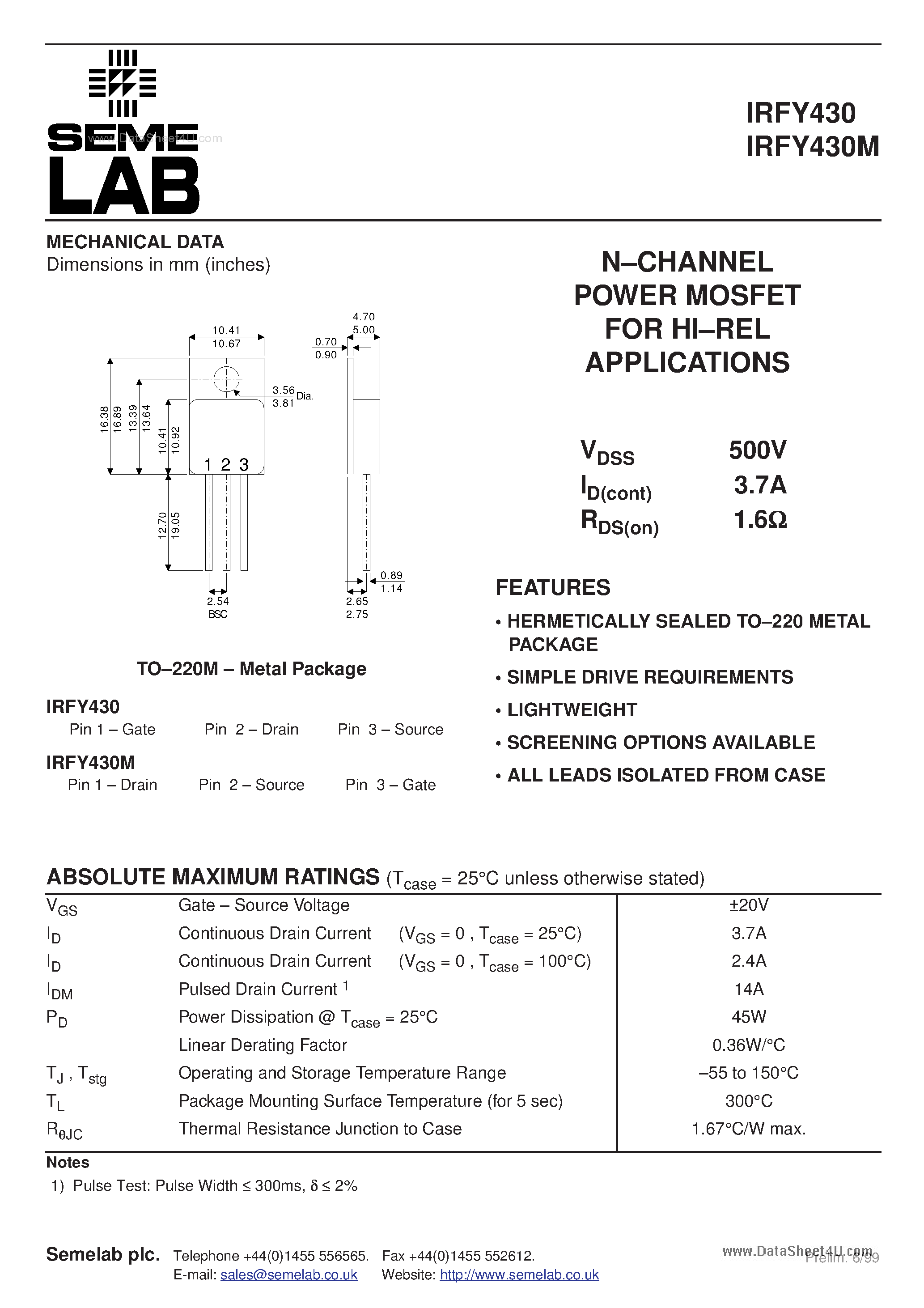 Datasheet IRFY430 page 1 Datasheet IRFY430 - N-Channel MOSFET page 1