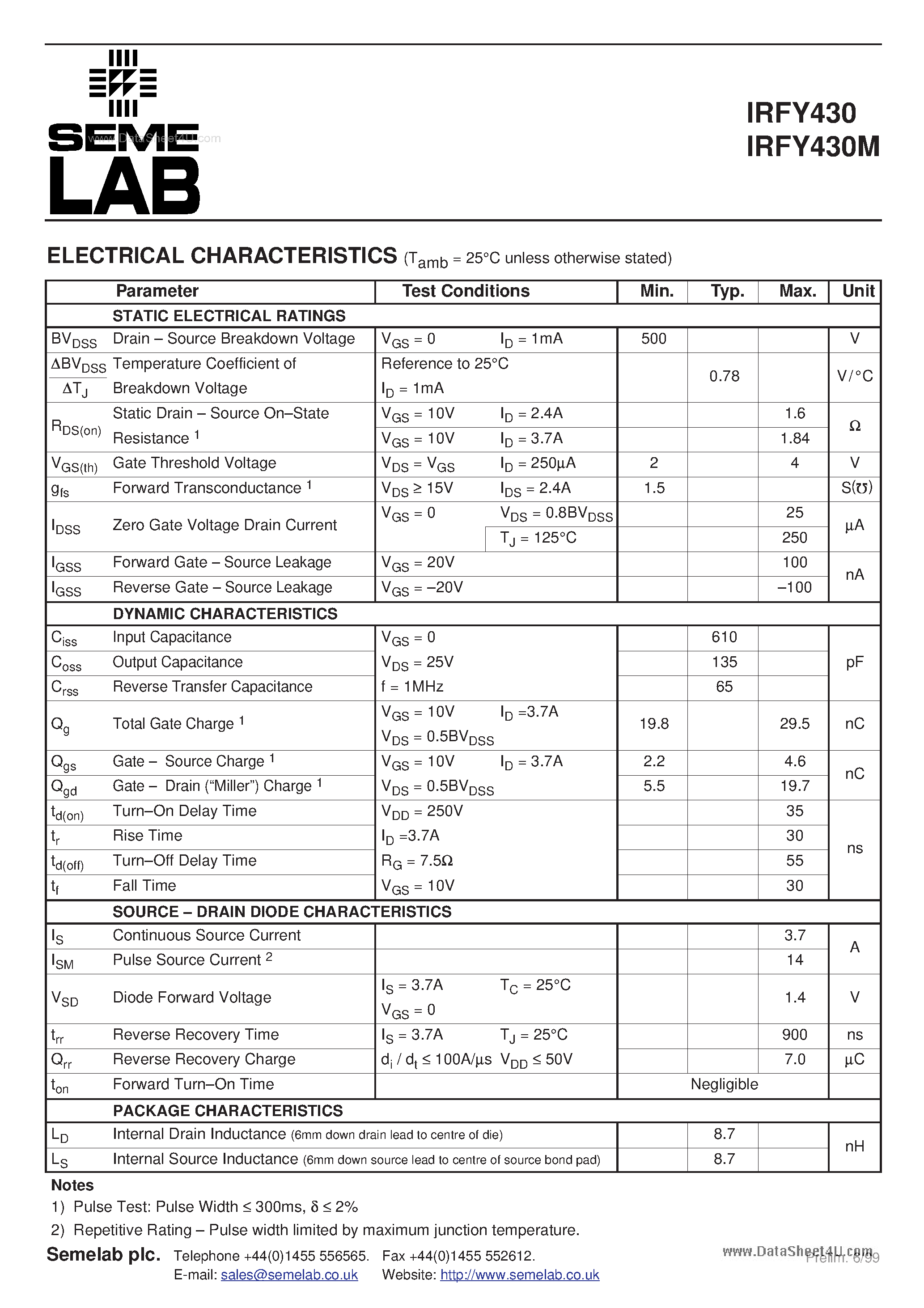 Datasheet IRFY430 page 2 Datasheet IRFY430 - N-Channel MOSFET page 2