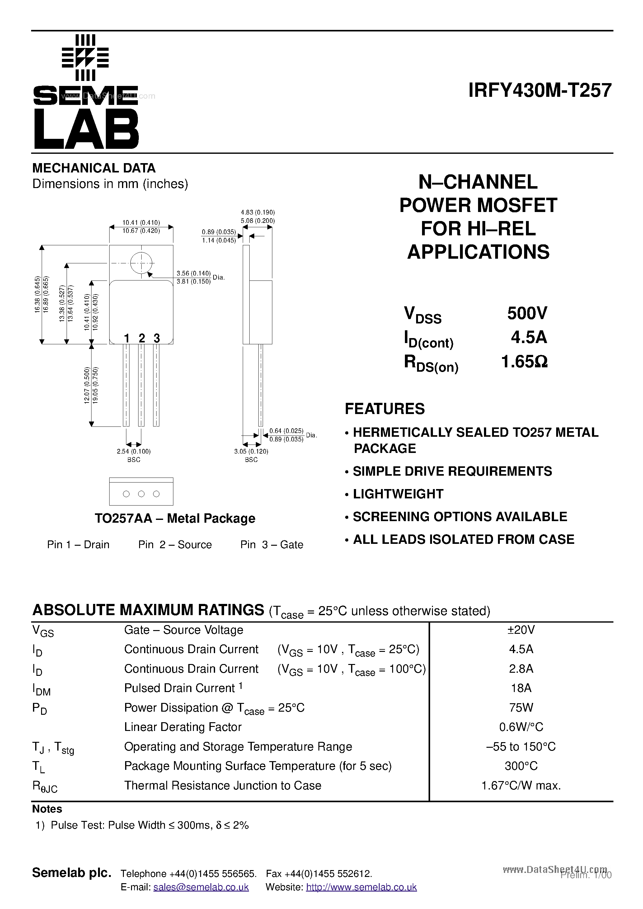 Datasheet IRFY430M-T257 - N-CHANNEL POWER MOSFET page 1