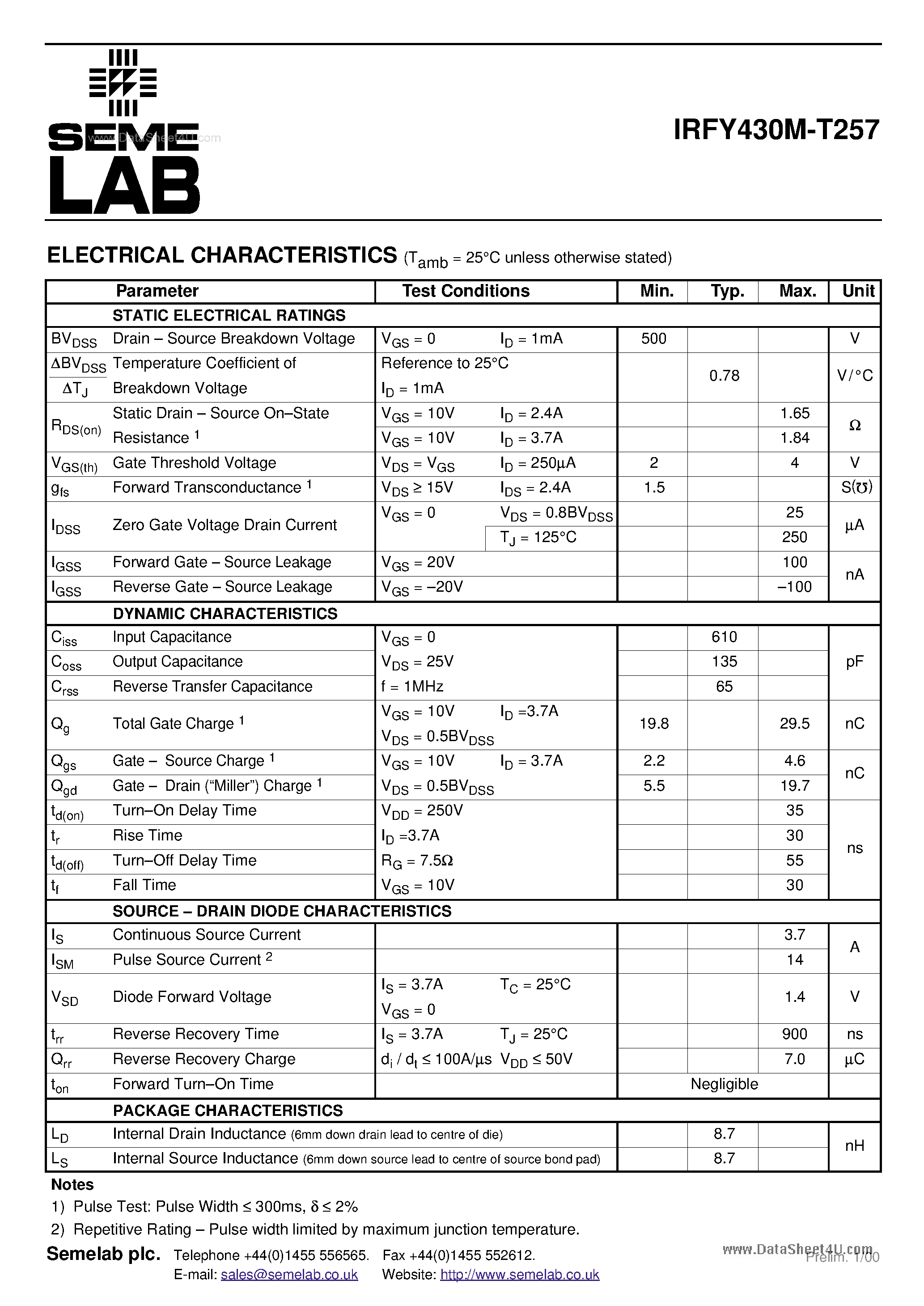 Datasheet IRFY430M-T257 - N-CHANNEL POWER MOSFET page 2
