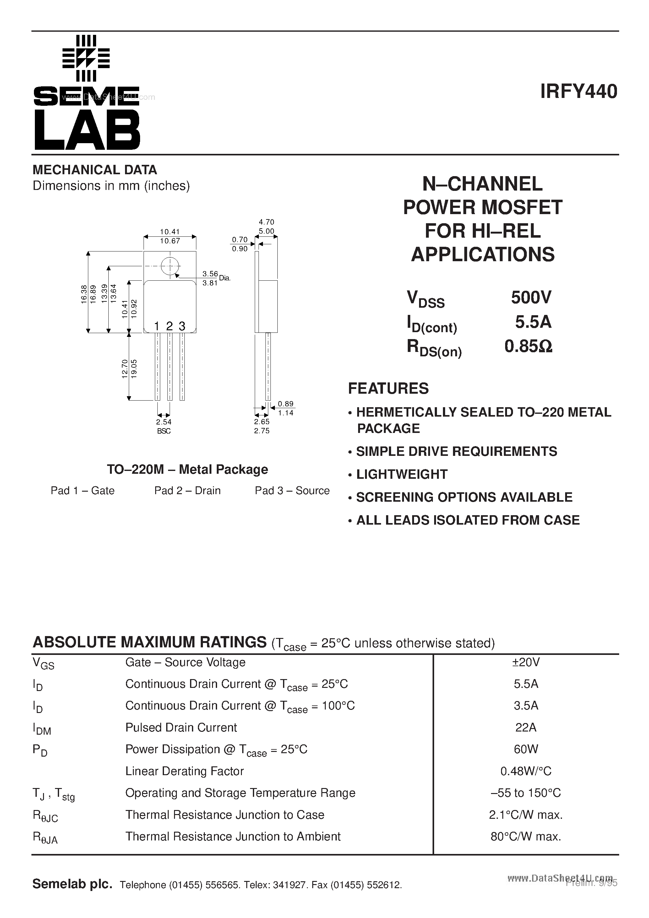 Datasheet IRFY440 page 1 Datasheet IRFY440 - N-CHANNEL POWER MOSFET page 1