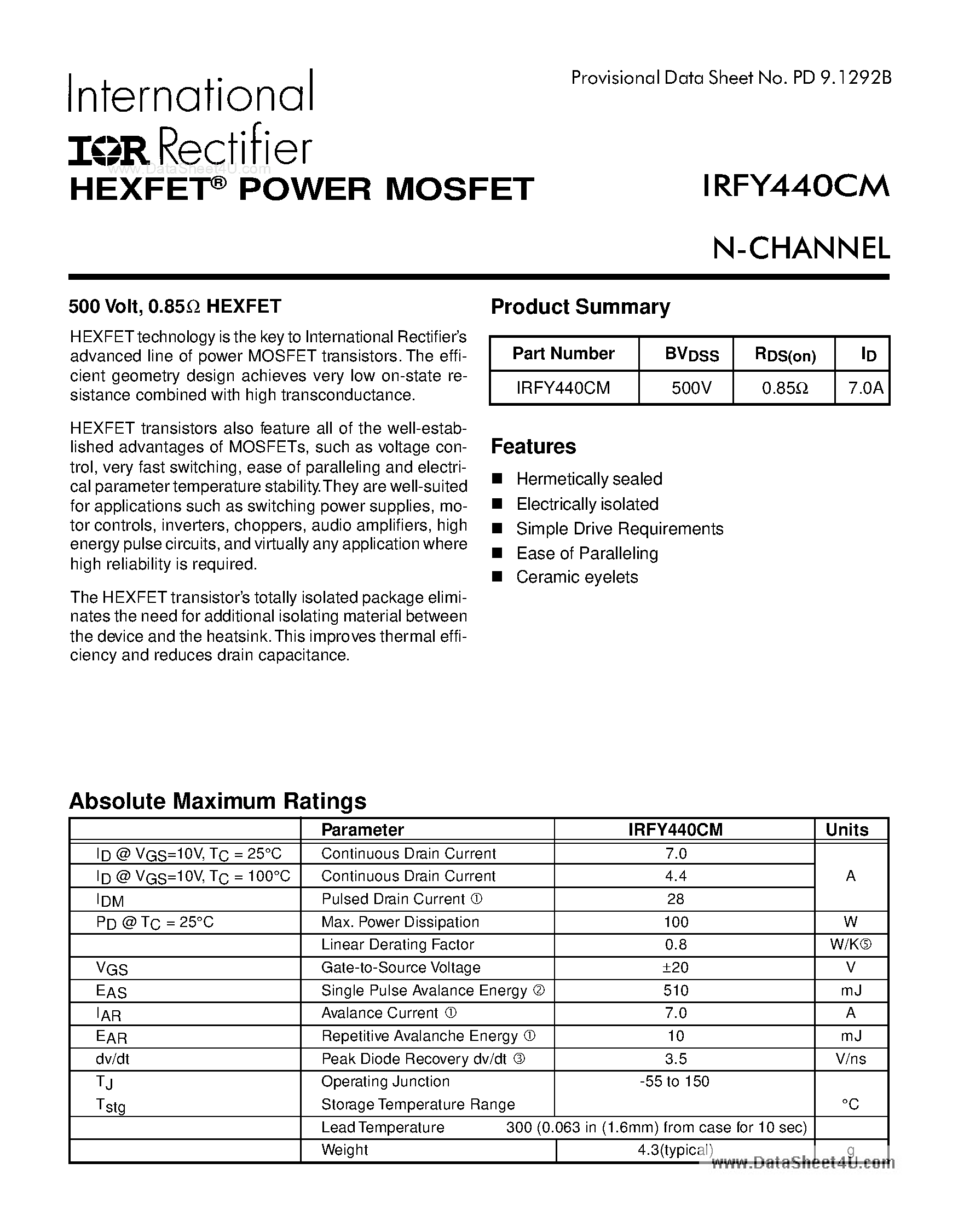 Datasheet IRFY440CM - POWER MOSFET N-CHANNE page 1