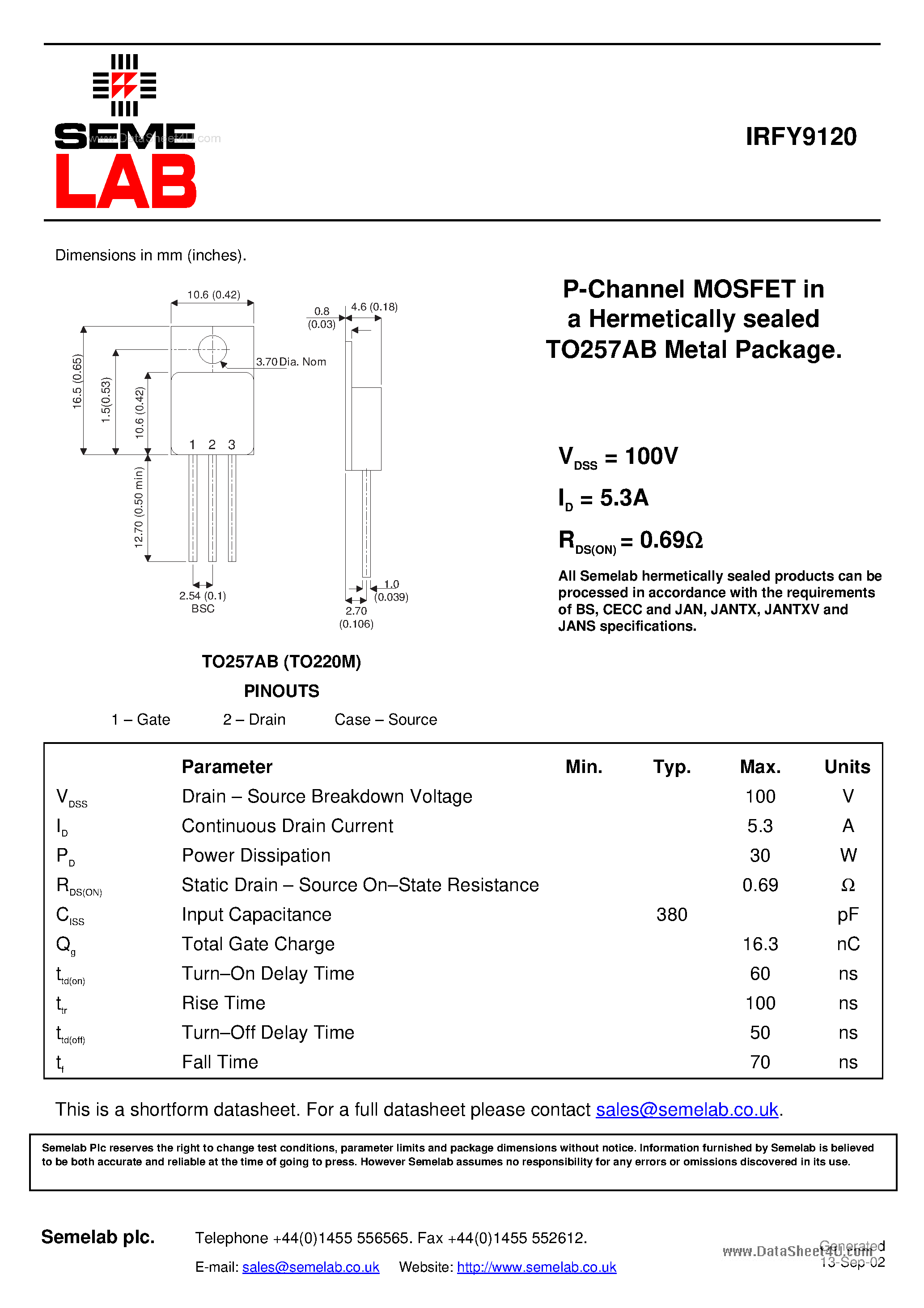 Datasheet IRFY9120 page 1 Datasheet IRFY9120 - P-Channel MOSFET page 1