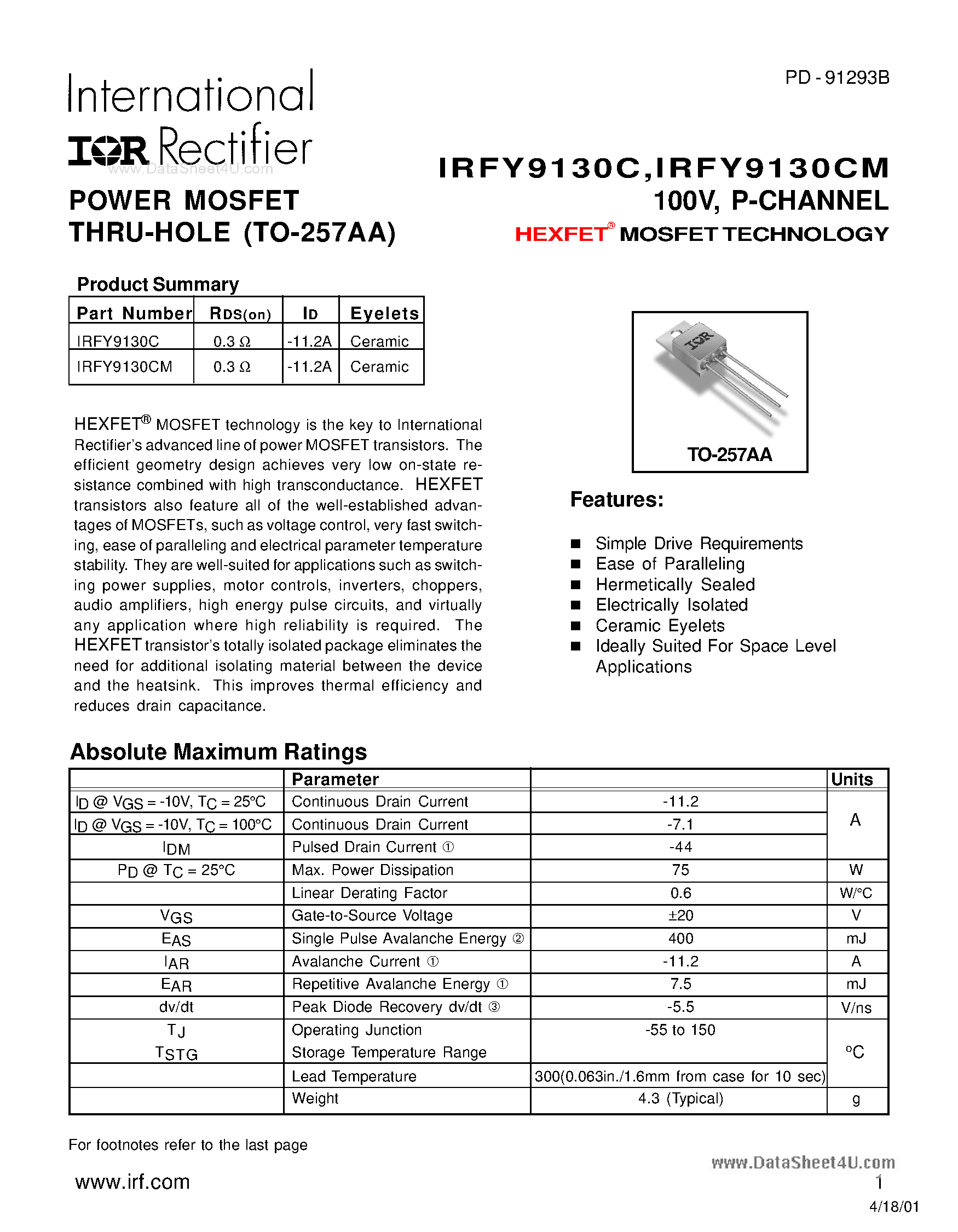 Datasheet IRFY9130C page 1 Datasheet IRFY9130C - POWER MOSFET THRU-HOLE page 1