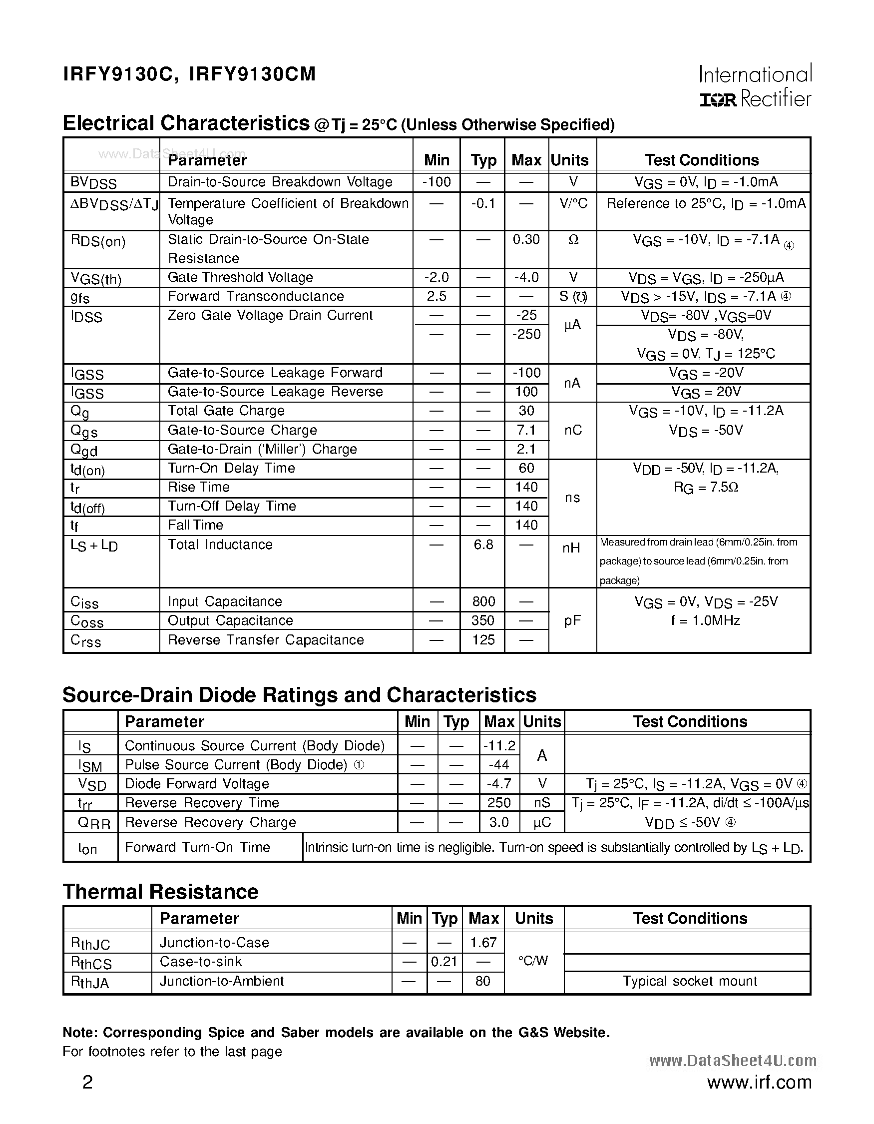 Datasheet IRFY9130C page 2 Datasheet IRFY9130C - POWER MOSFET THRU-HOLE page 2