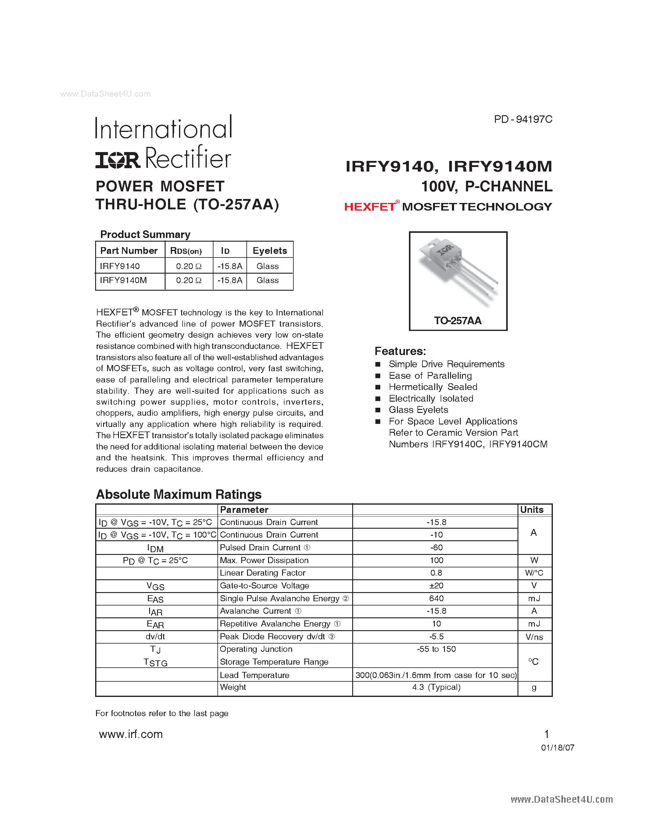 Datasheet IRFY9140 - POWER MOSFET THRU-HOLE page 1