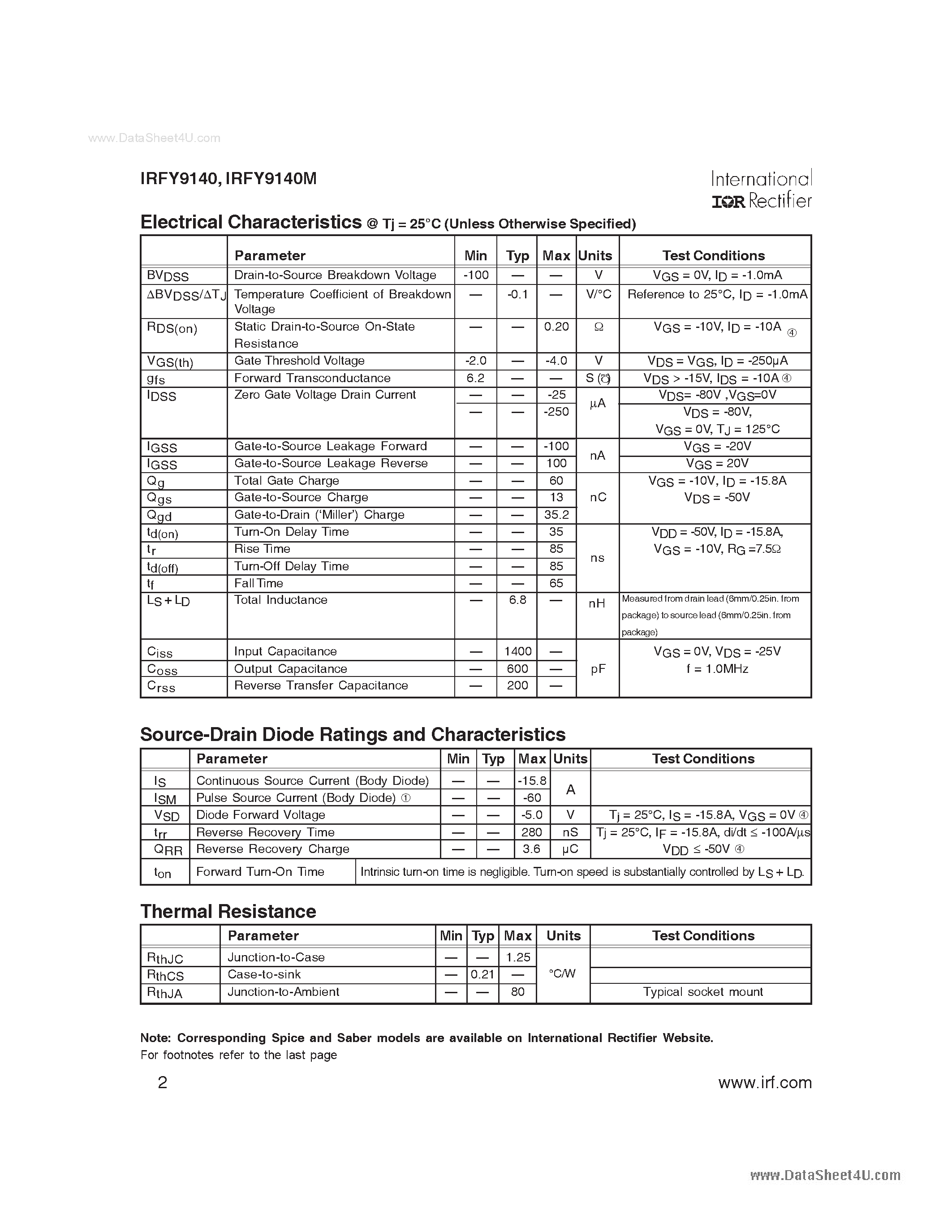 Datasheet IRFY9140 - POWER MOSFET THRU-HOLE page 2