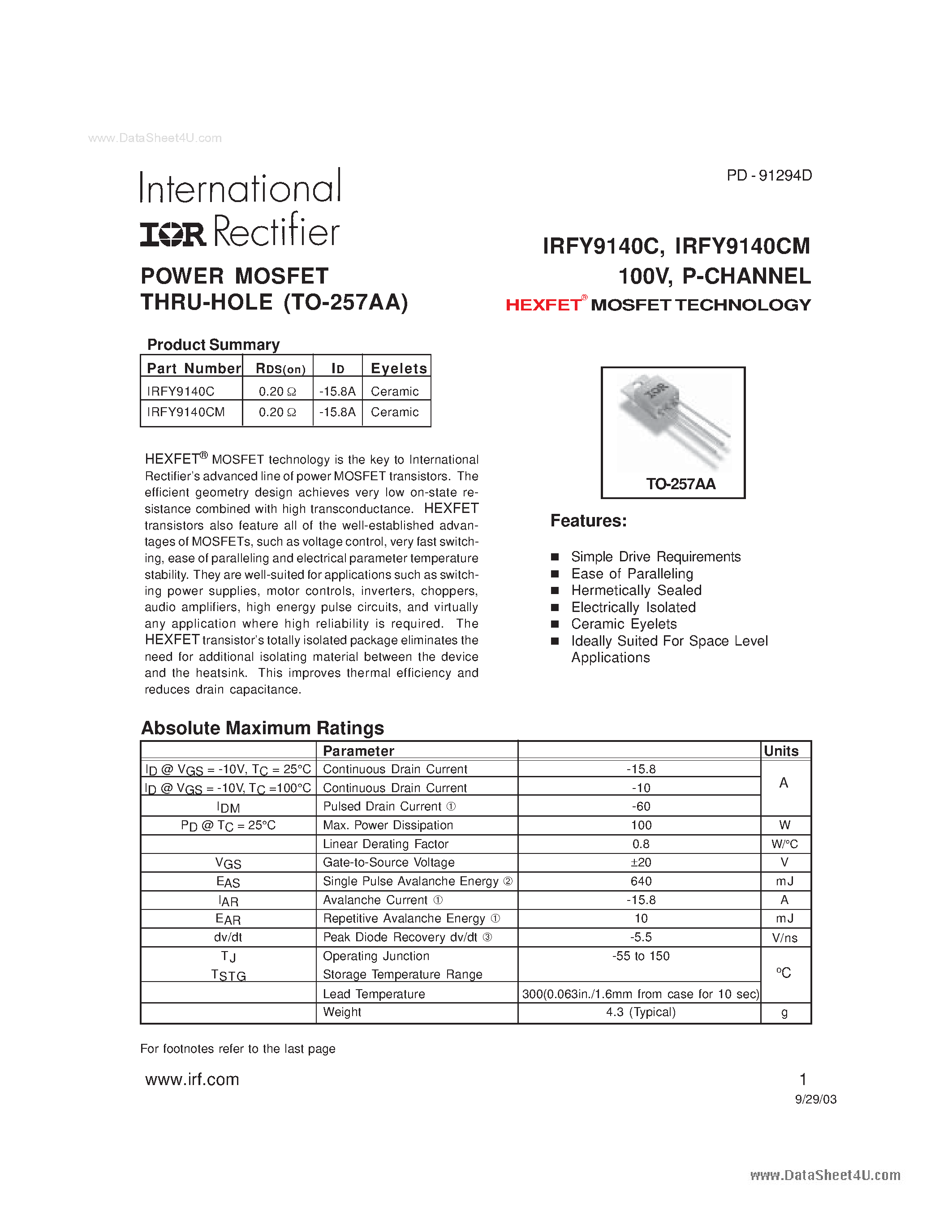 Datasheet IRFY9140CM - POWER MOSFET THRU-HOLE page 1