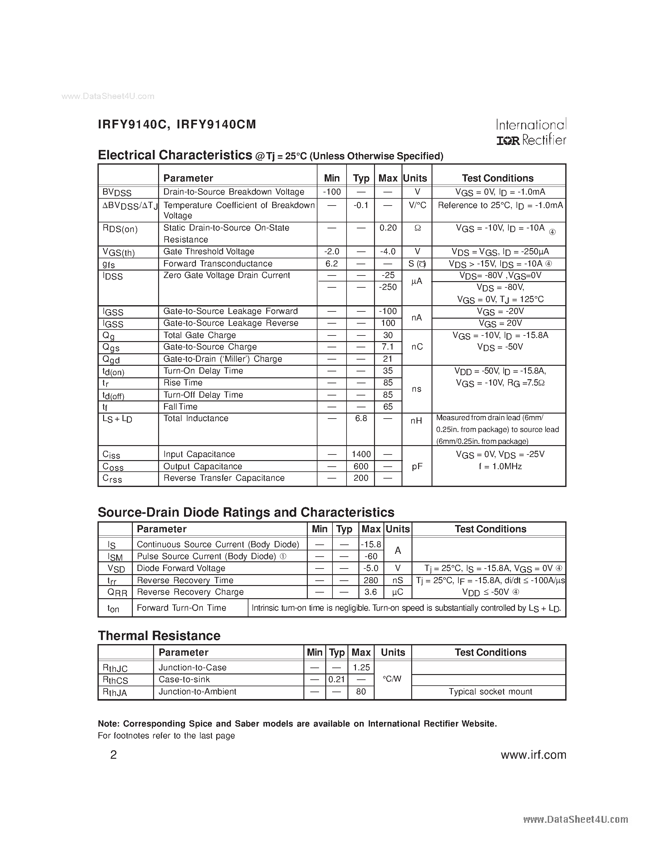 Datasheet IRFY9140CM - POWER MOSFET THRU-HOLE page 2