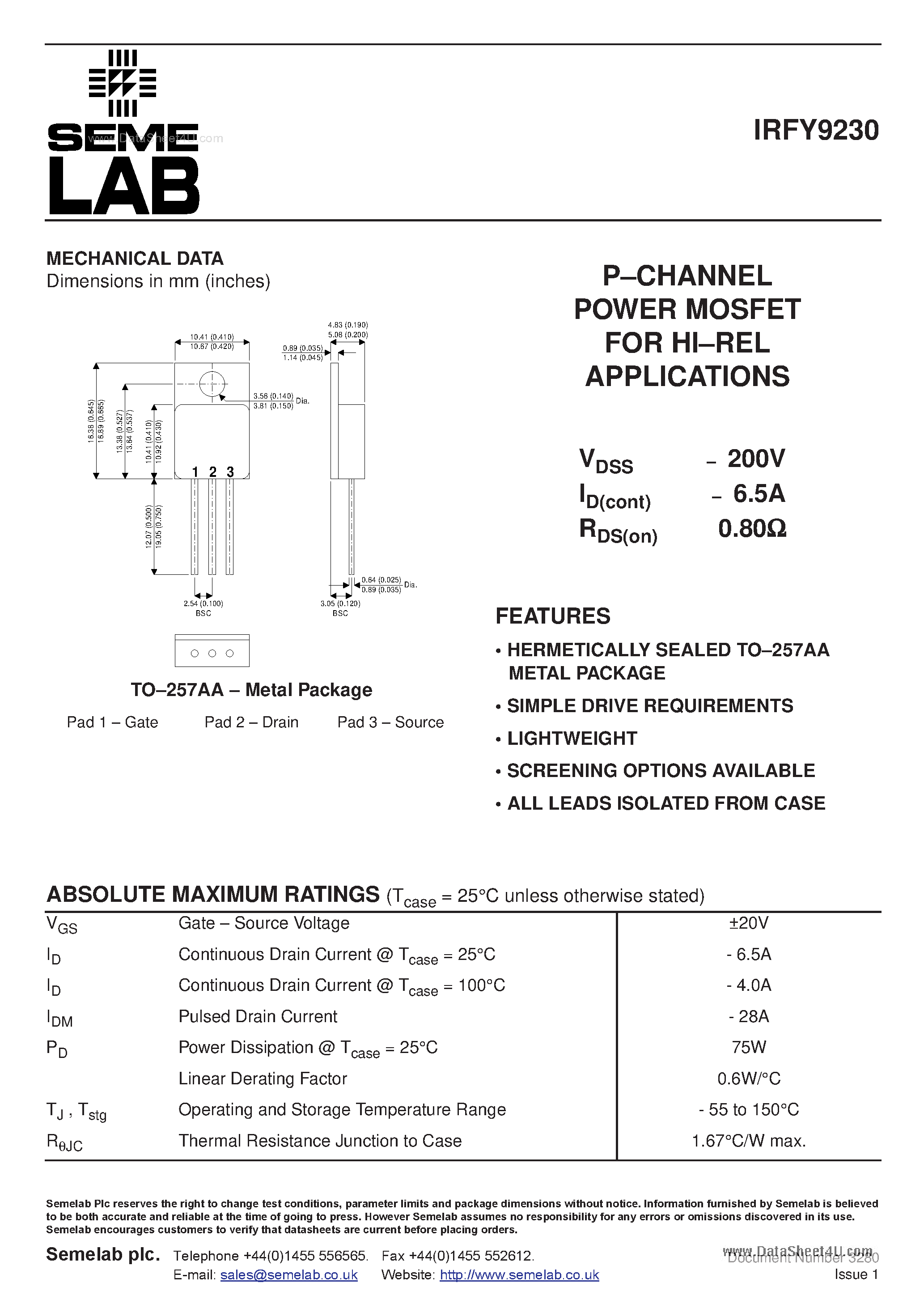 Datasheet IRFY9230 - P-CHANNEL POWER MOSFET page 1