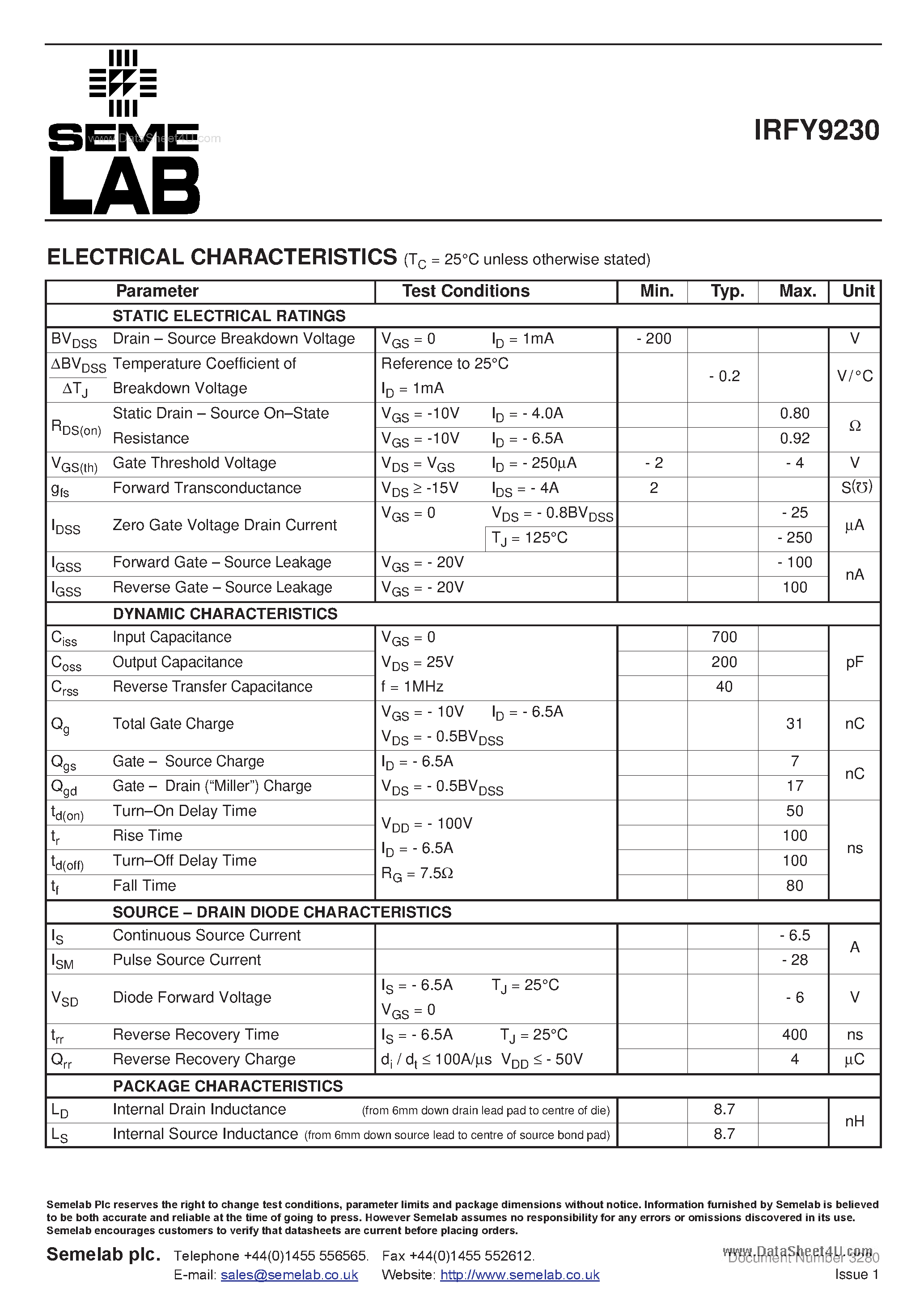 Datasheet IRFY9230 - P-CHANNEL POWER MOSFET page 2
