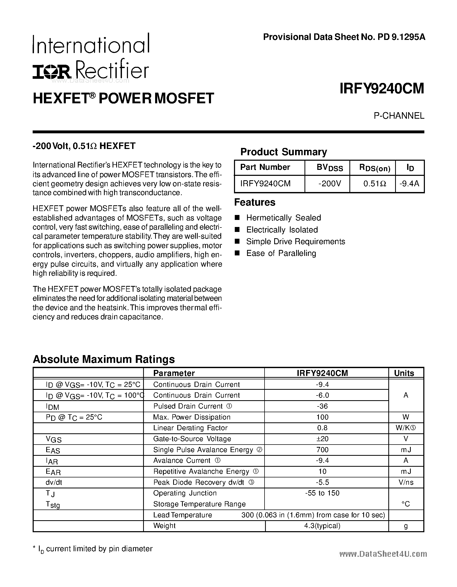 Datasheet IRFY9240CM - P-CHANNEL POWER MOSFET page 1