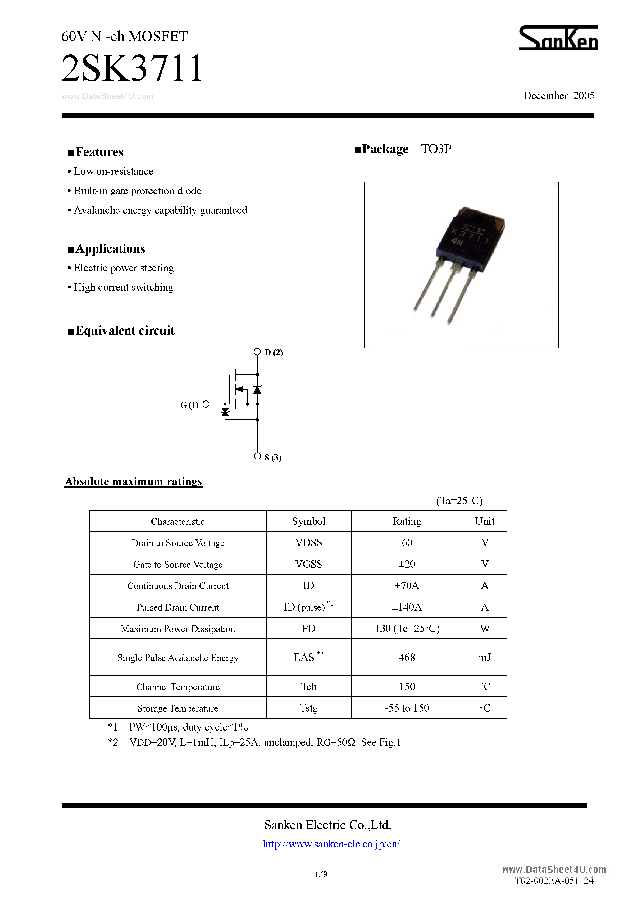 Даташит на микросхему 2SK3711 страница 1 Даташит 2SK3711 - Low on-resistance страница 1