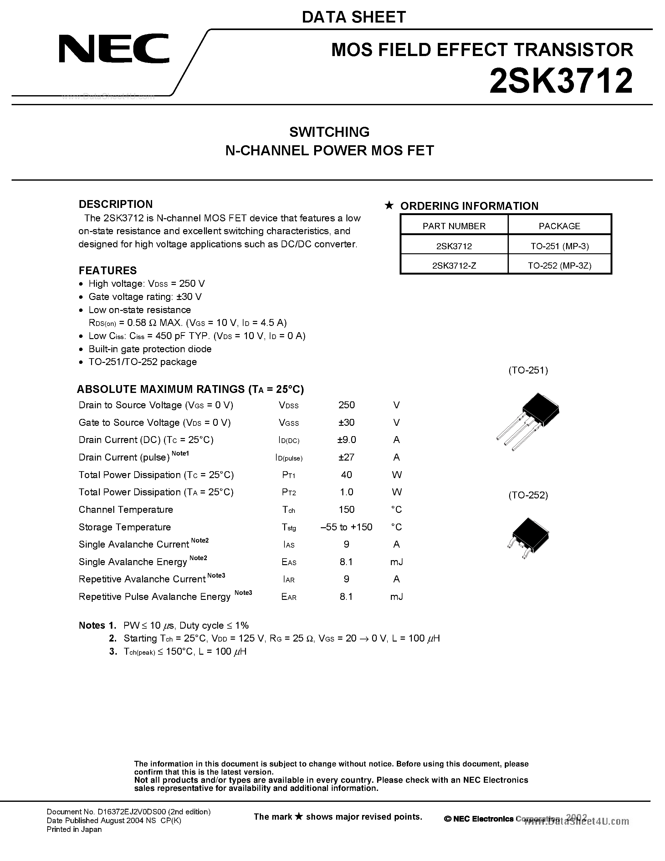 Datasheet 2SK3712 - SWITCHING N-CHANNEL POWER MOSFET page 1