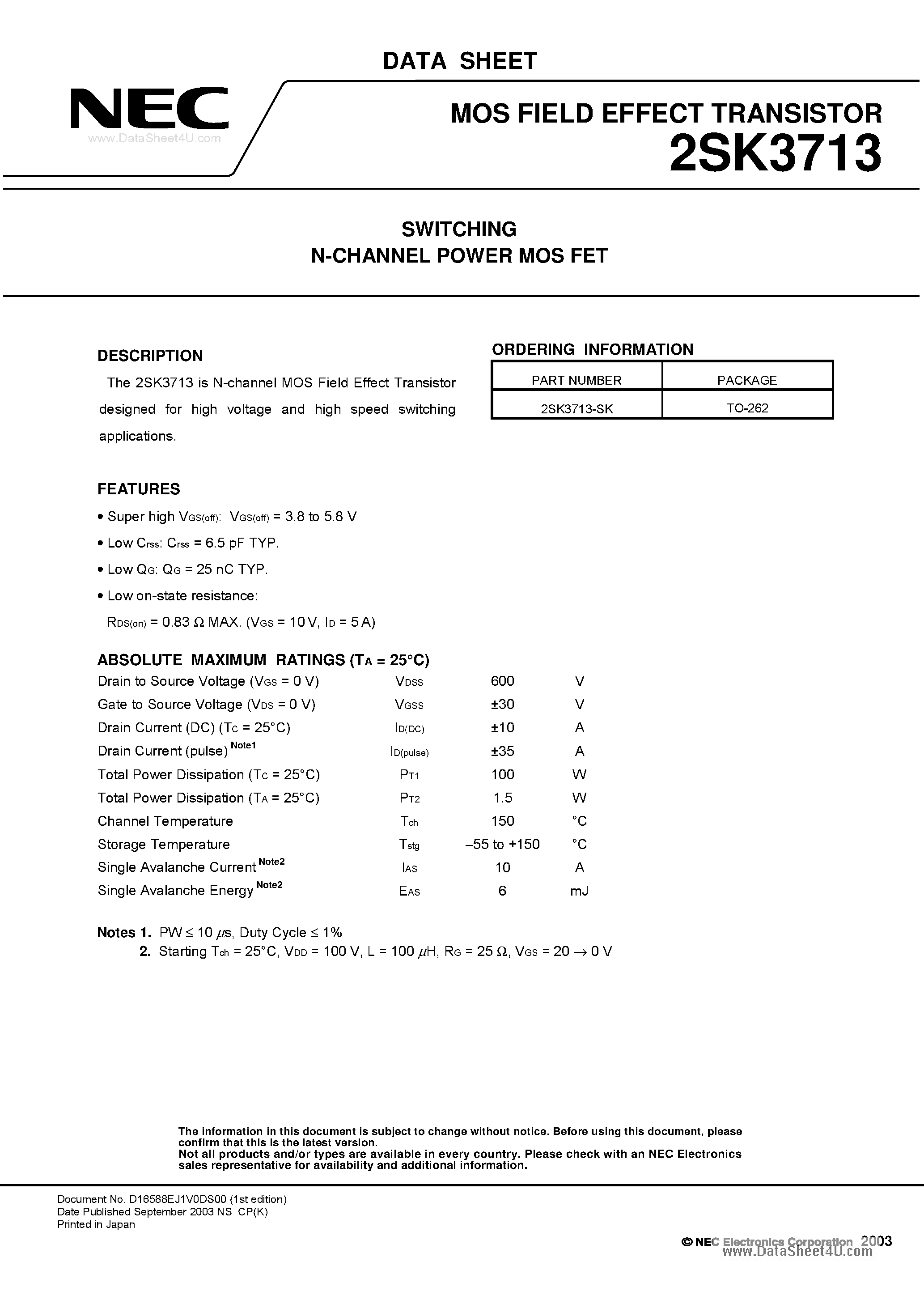 Datasheet 2SK3713 - SWITCHING N-CHANNEL POWER MOSFET page 1