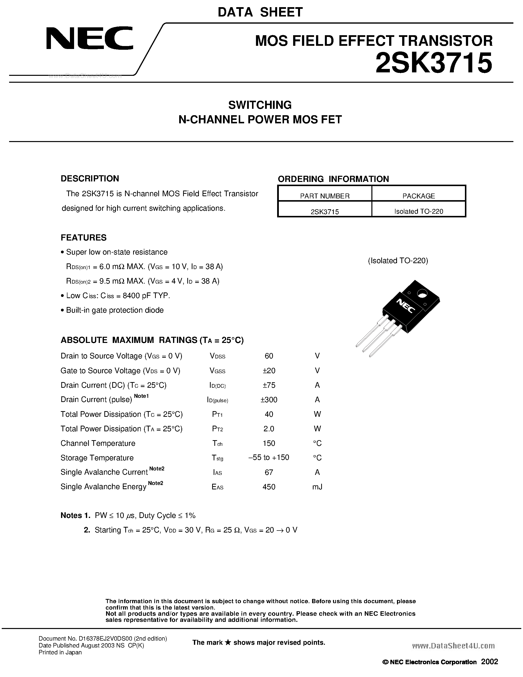 Datasheet 2SK3715 - SWITCHING N-CHANNEL POWER MOSFET page 1