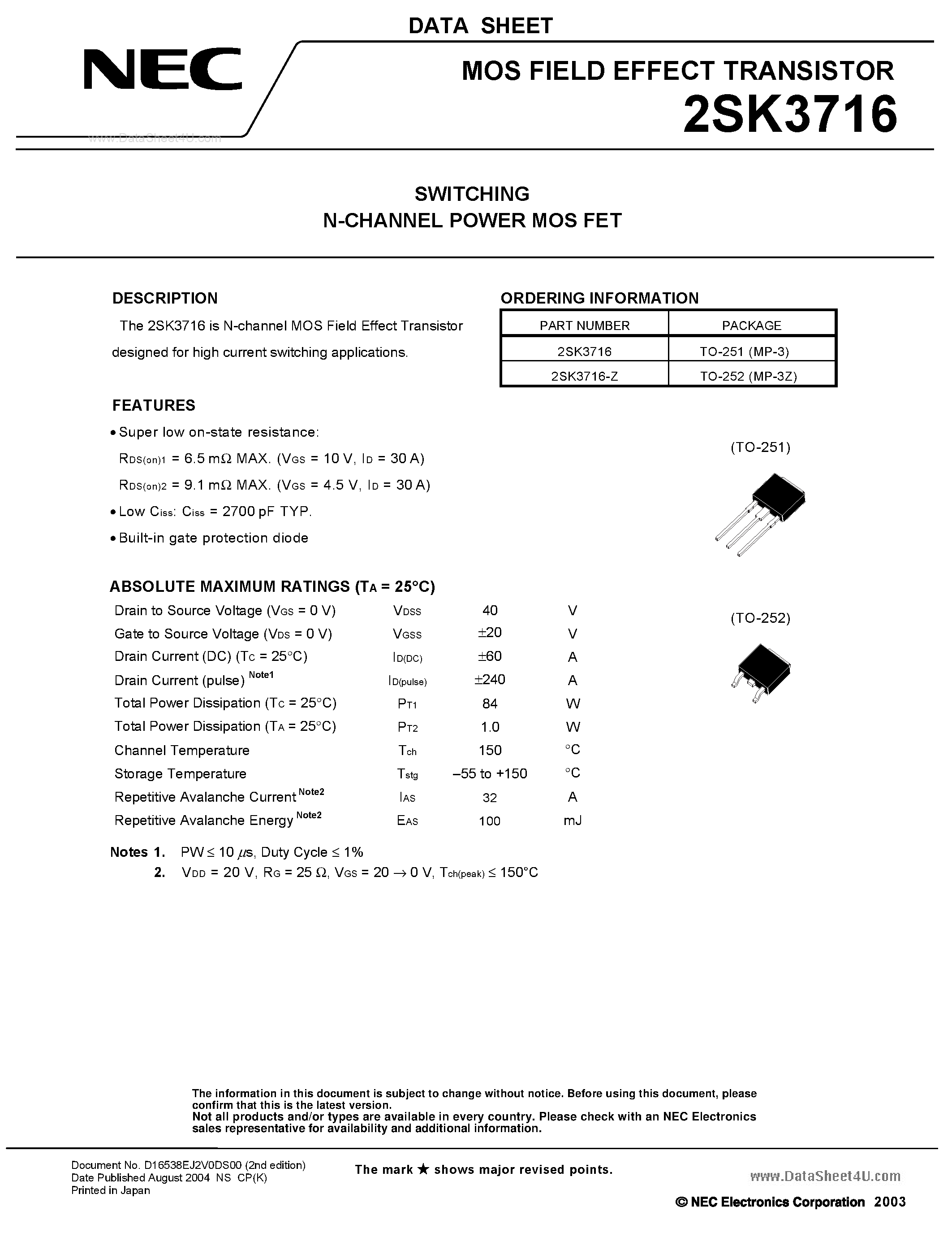 Datasheet 2SK3716 - SWITCHING N-CHANNEL POWER MOSFET page 1