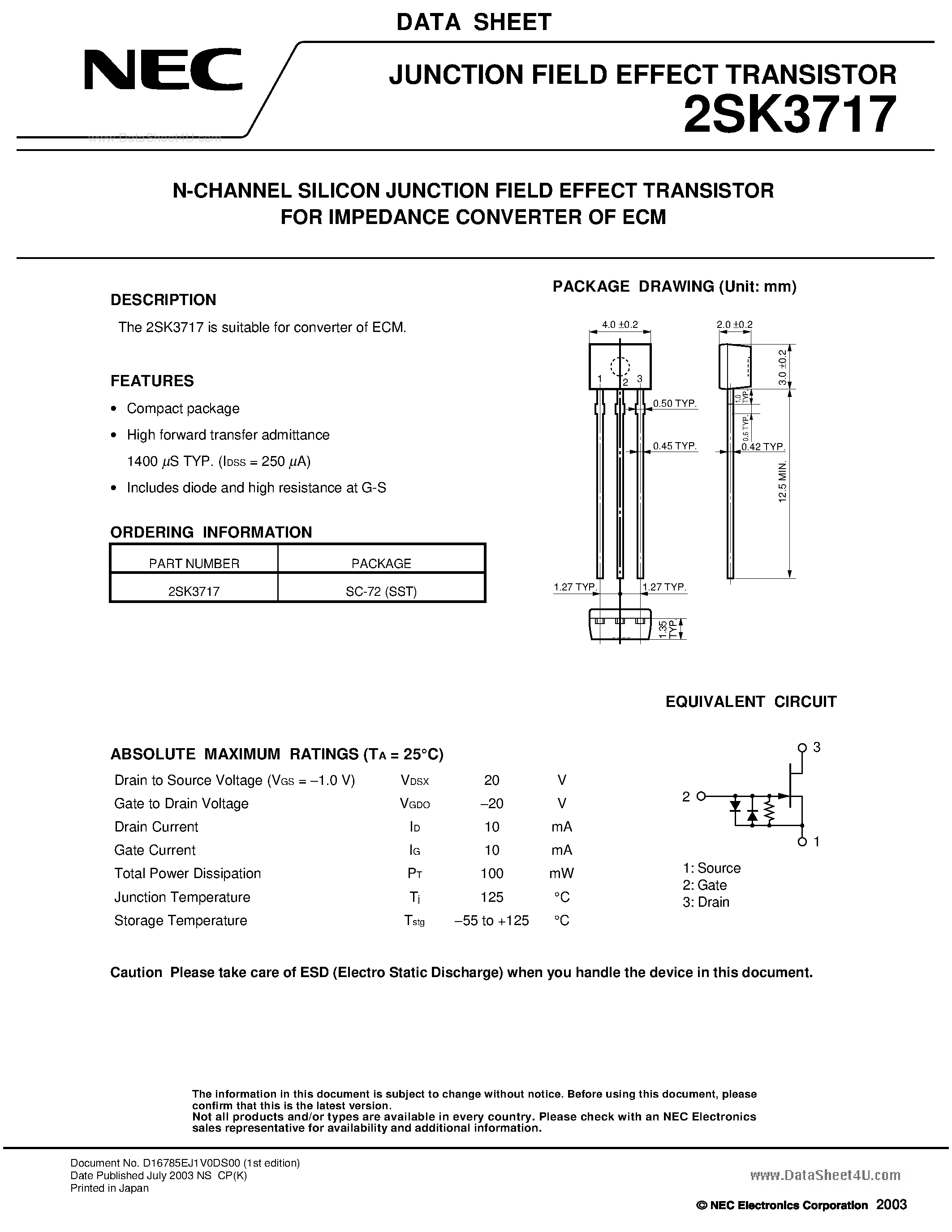 Datasheet 2SK3717 - SWITCHING N-CHANNEL POWER MOSFET page 1